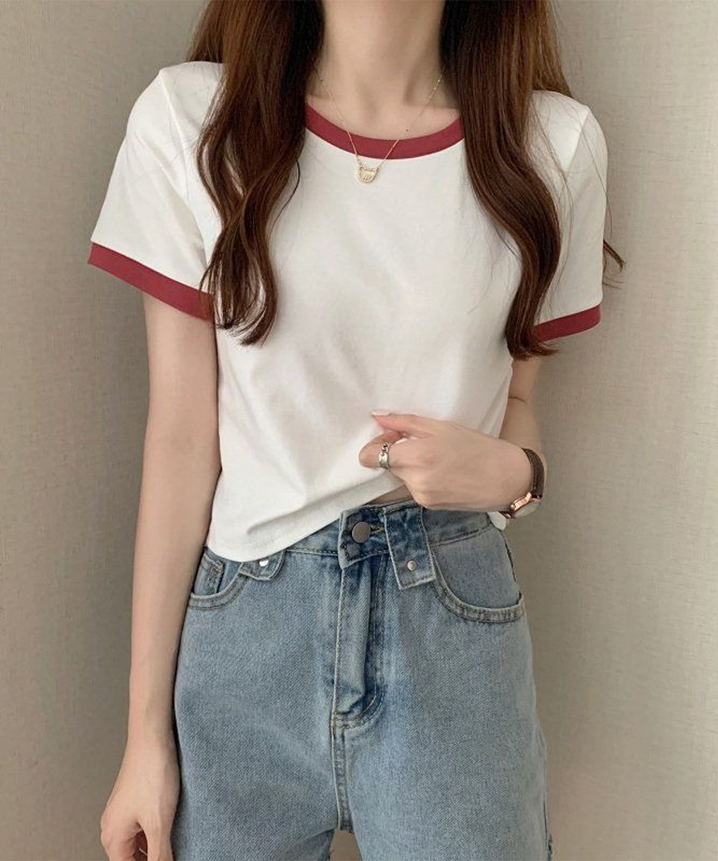 配色 クロップド丈 クルーネック 半袖 Tシャツ