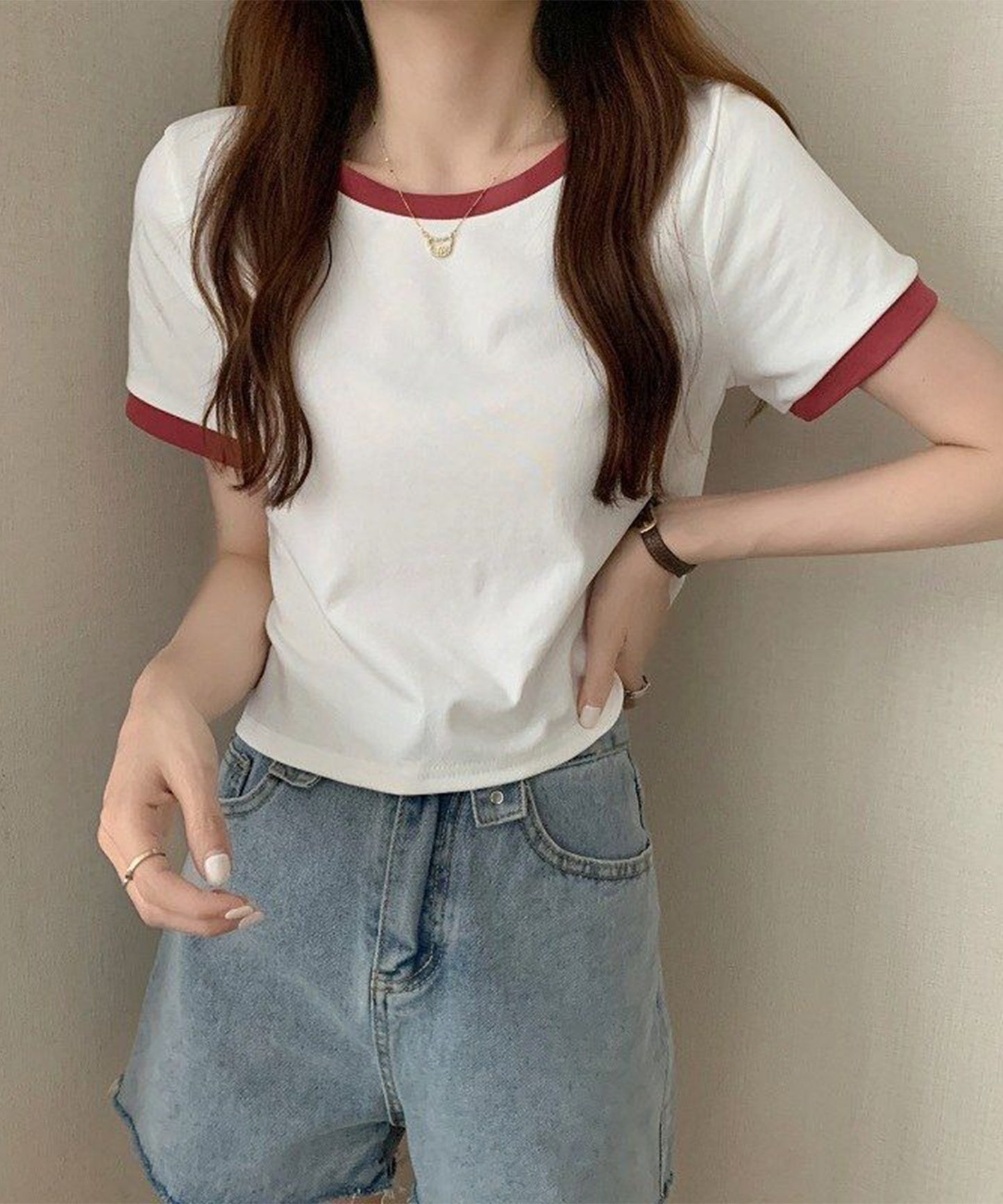 配色 クロップド丈 クルーネック 半袖 Tシャツ