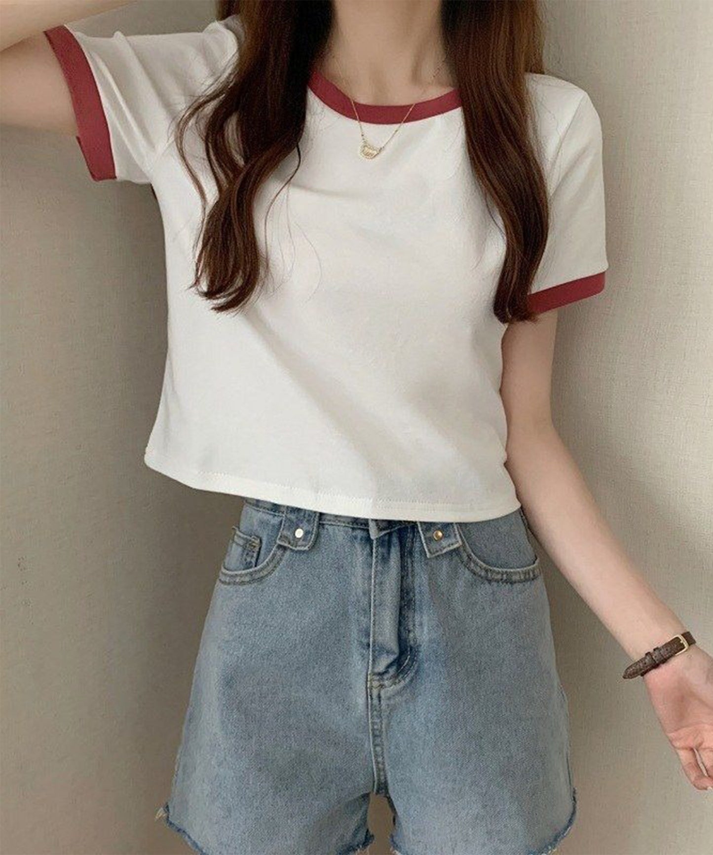 配色 クロップド丈 クルーネック 半袖 Tシャツ