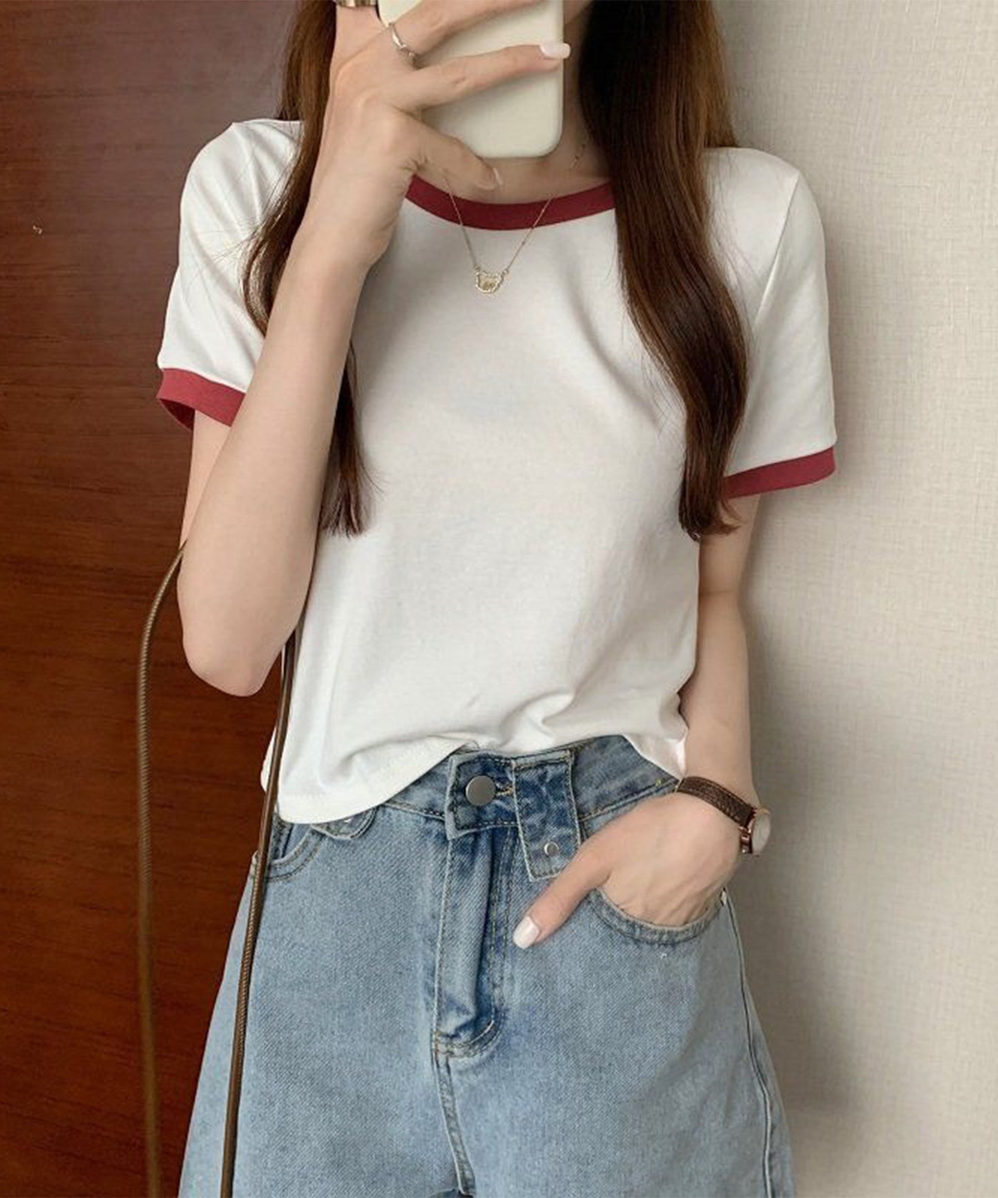 配色 クロップド丈 クルーネック 半袖 Tシャツ