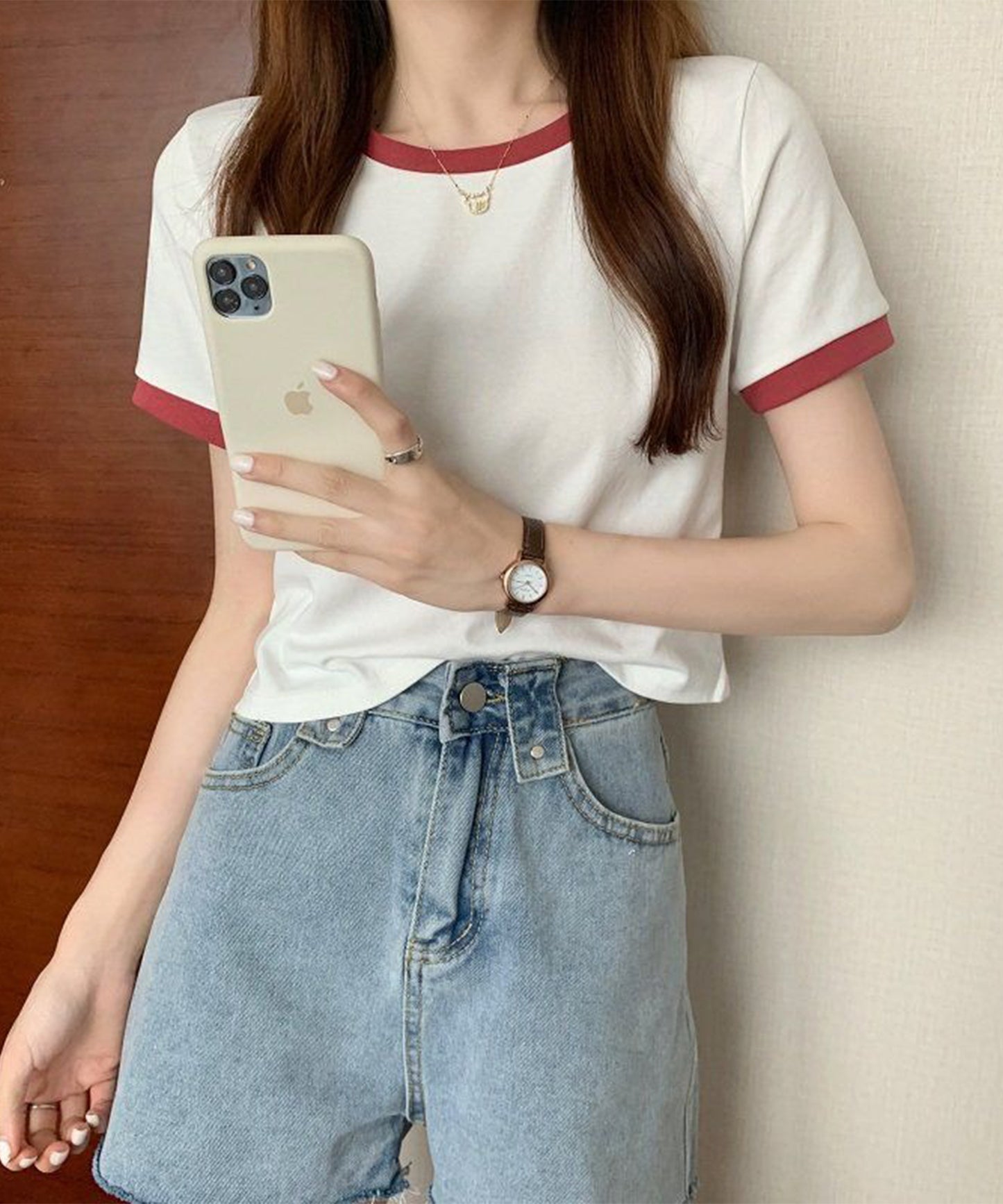 配色 クロップド丈 クルーネック 半袖 Tシャツ