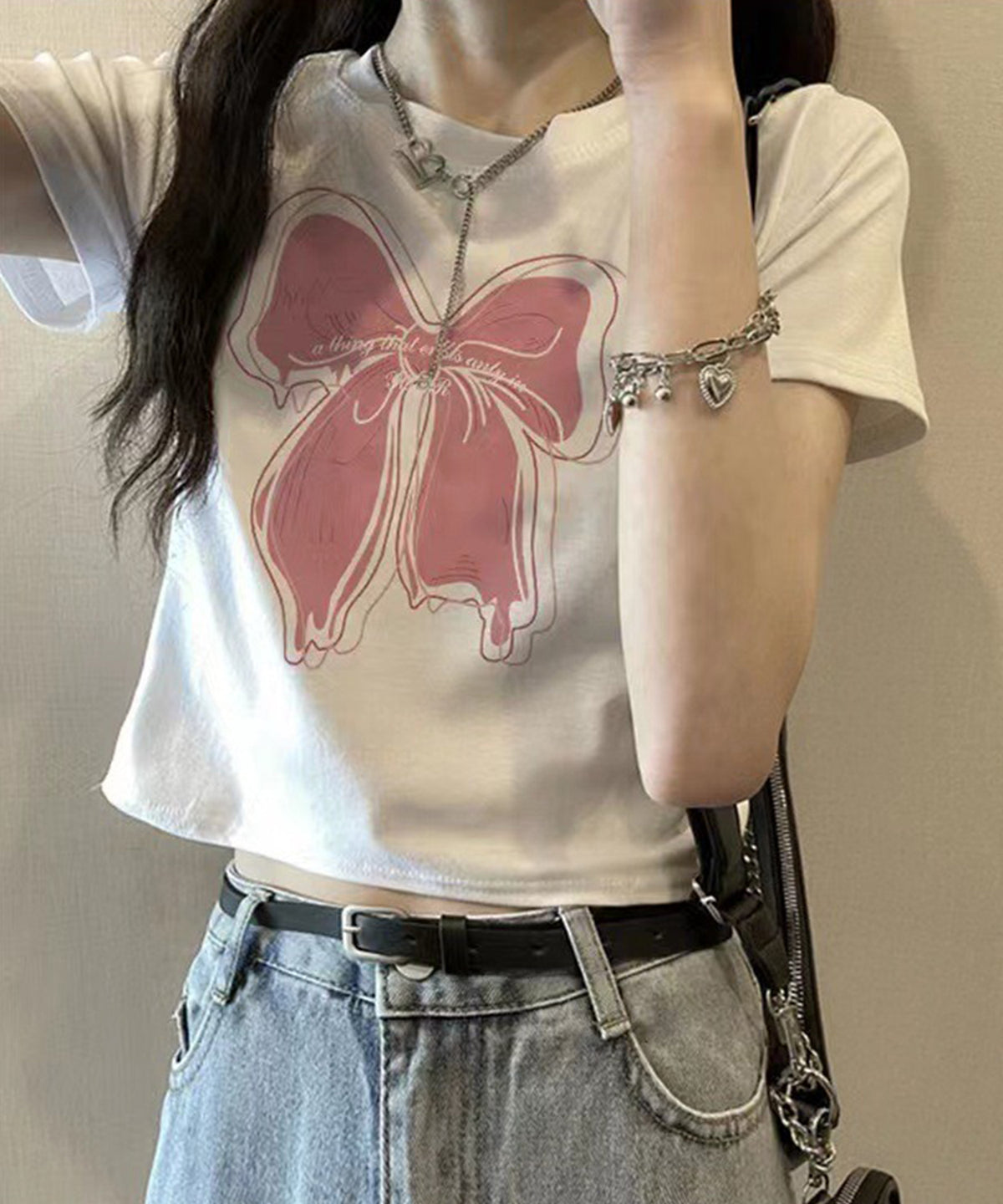 リボンプリント クロップド丈 クルーネック 半袖 Tシャツ