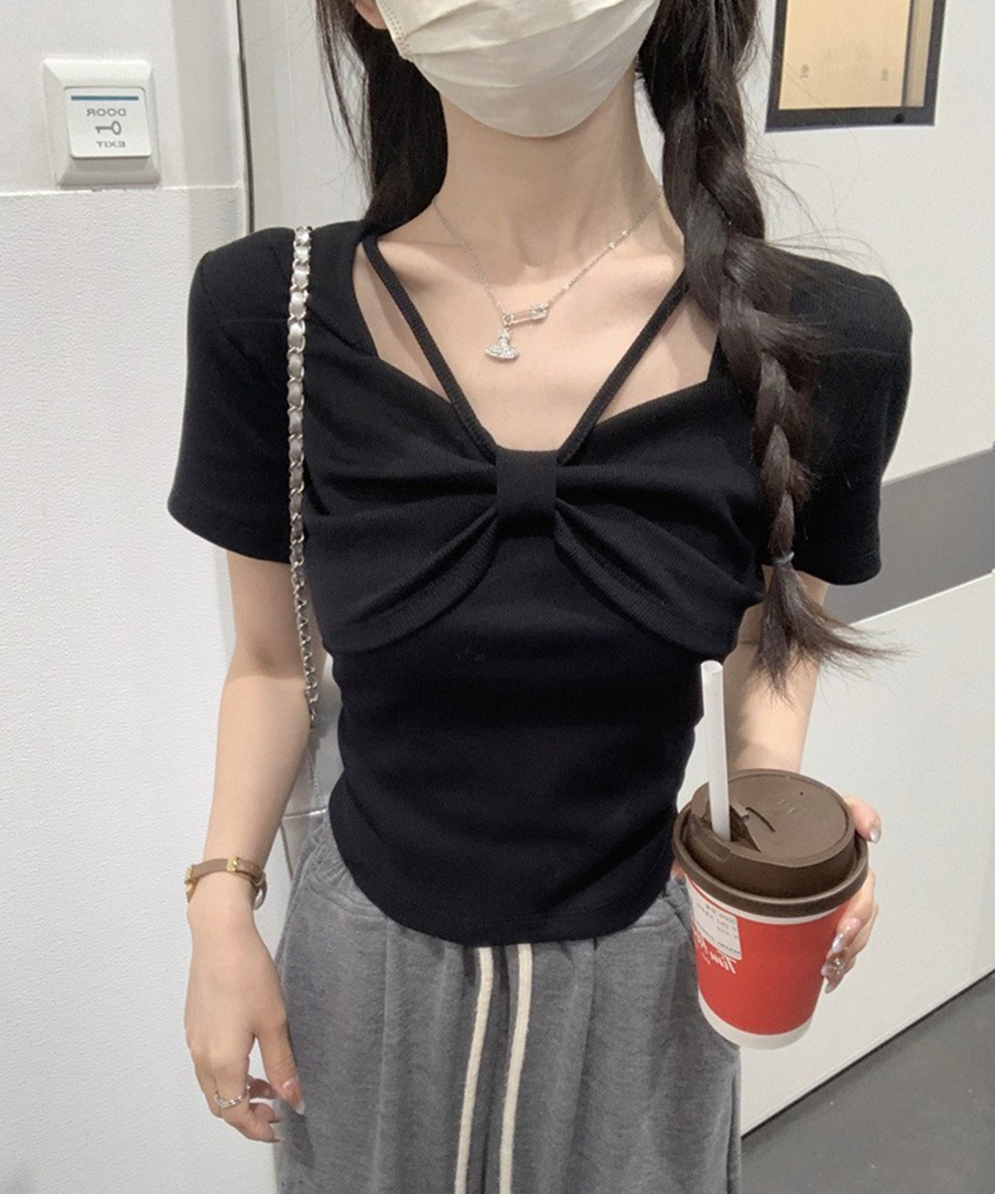 リボン ホルター デザイン 半袖 Tシャツ