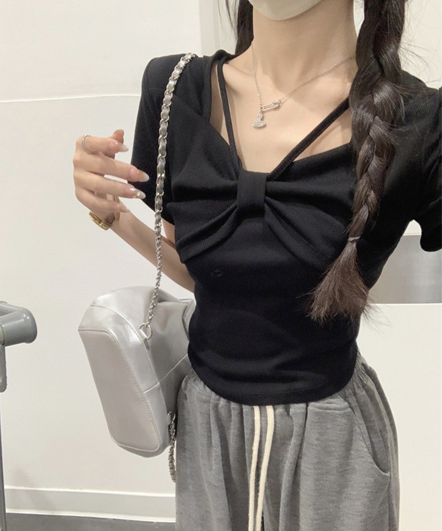 リボン ホルター デザイン 半袖 Tシャツ