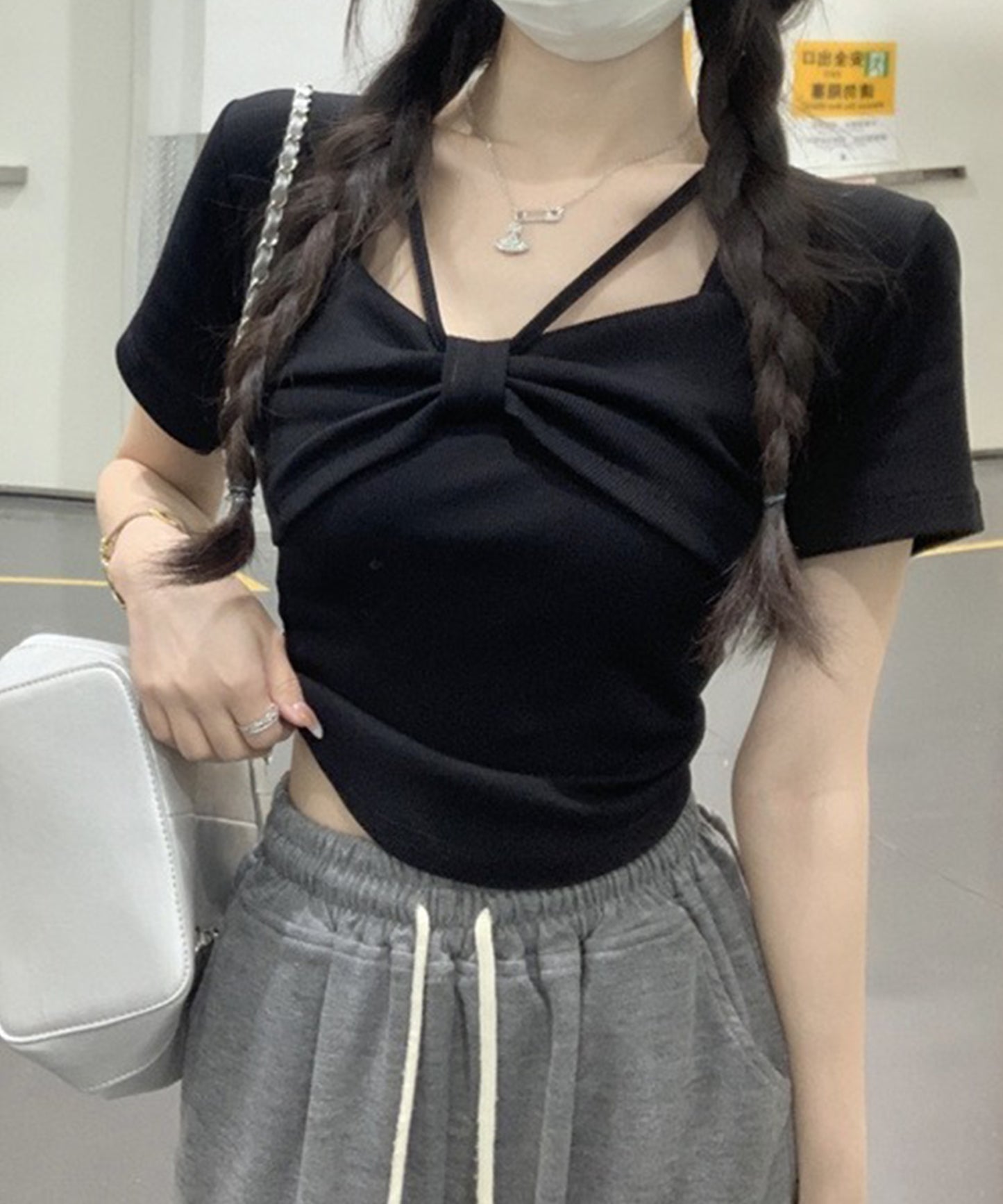 リボン ホルター デザイン 半袖 Tシャツ
