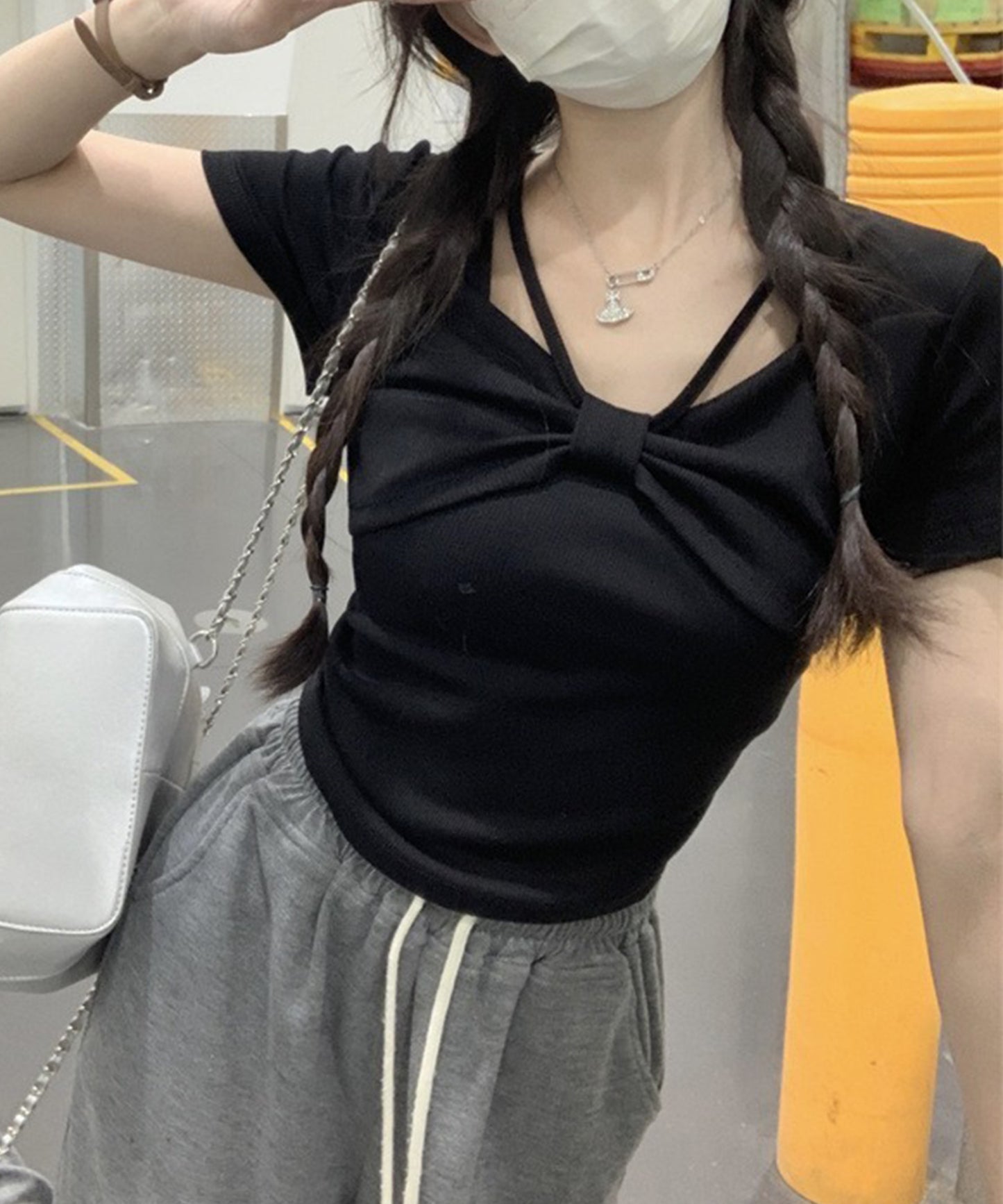 リボン ホルター デザイン 半袖 Tシャツ