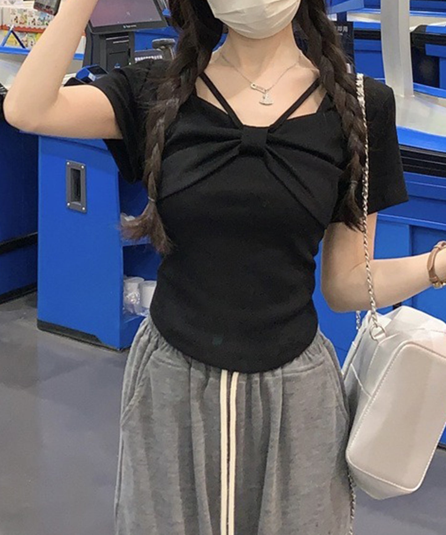 リボン ホルター デザイン 半袖 Tシャツ
