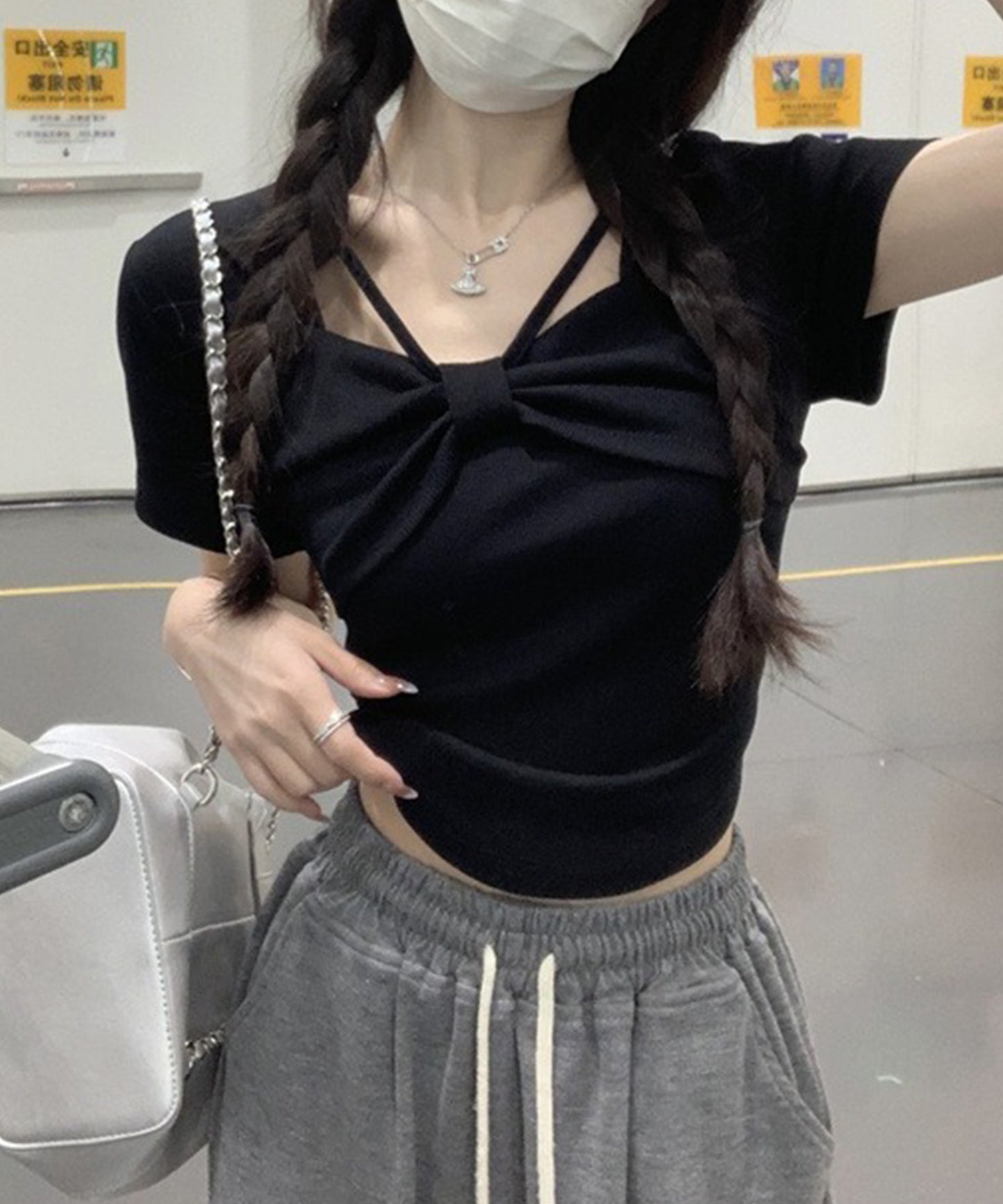 リボン ホルター デザイン 半袖 Tシャツ