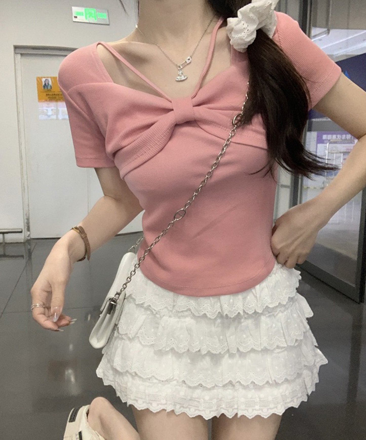 リボン ホルター デザイン 半袖 Tシャツ