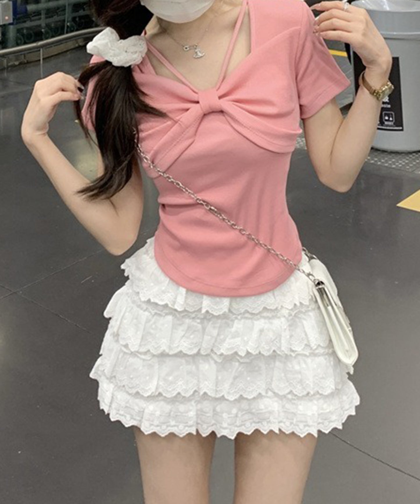 リボン ホルター デザイン 半袖 Tシャツ