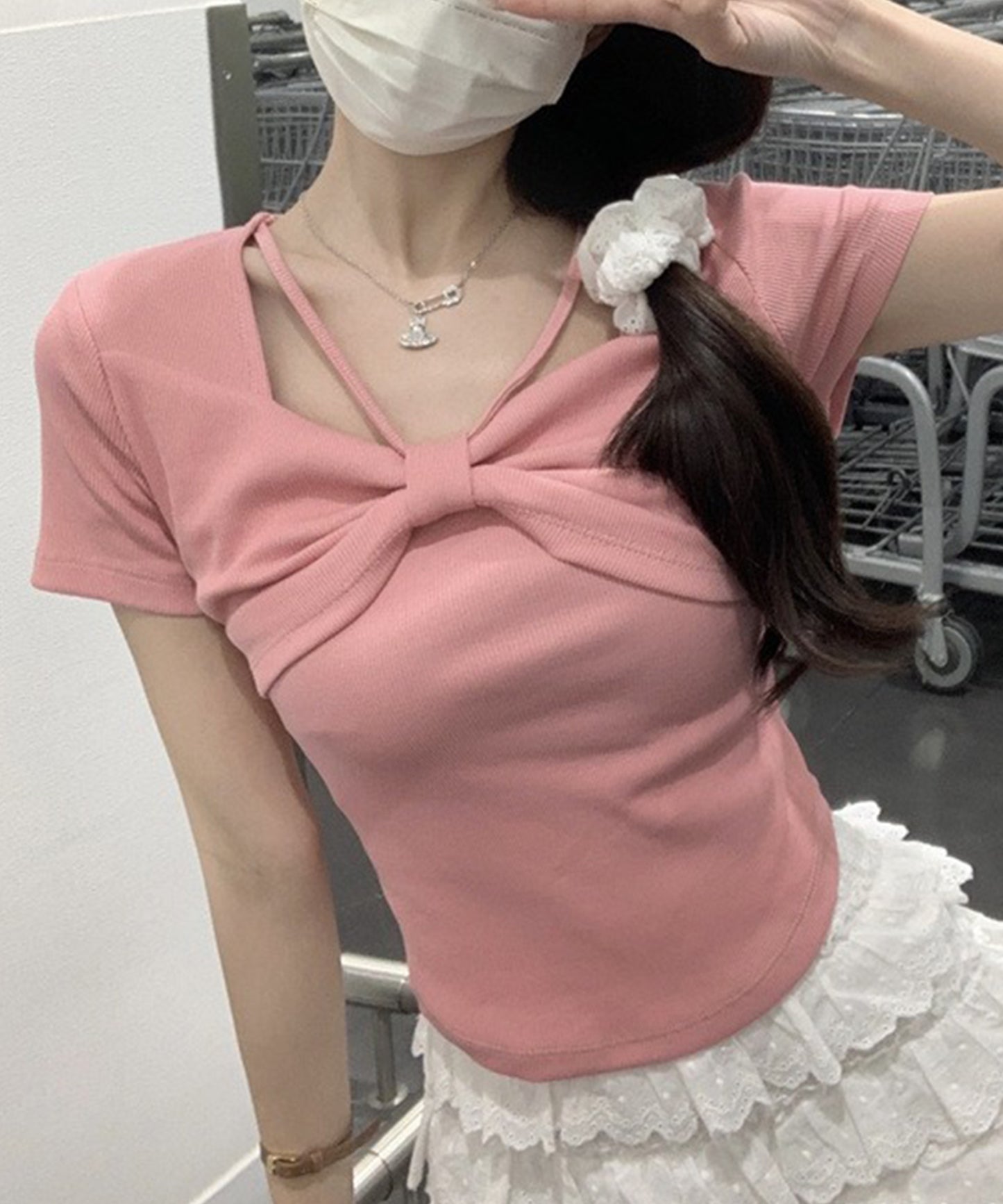 リボン ホルター デザイン 半袖 Tシャツ