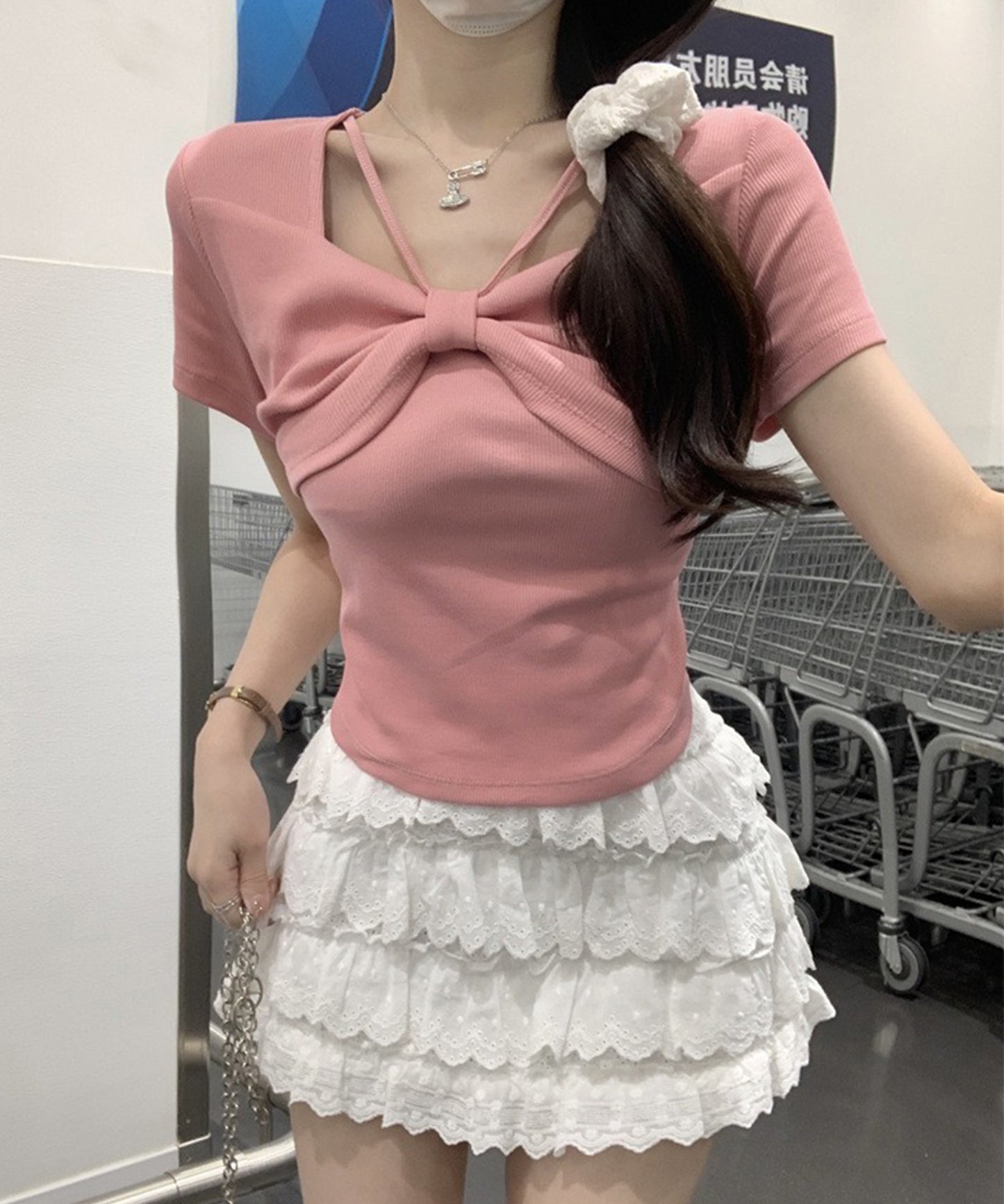 リボン ホルター デザイン 半袖 Tシャツ