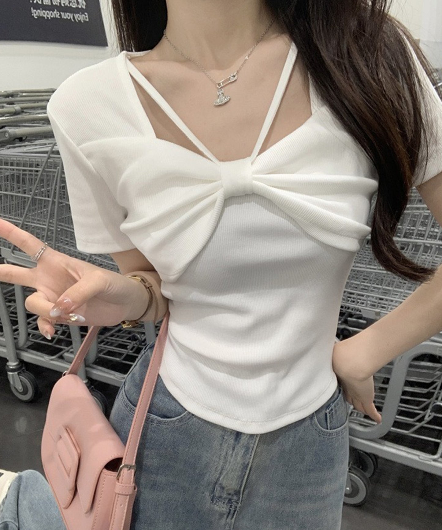 リボン ホルター デザイン 半袖 Tシャツ
