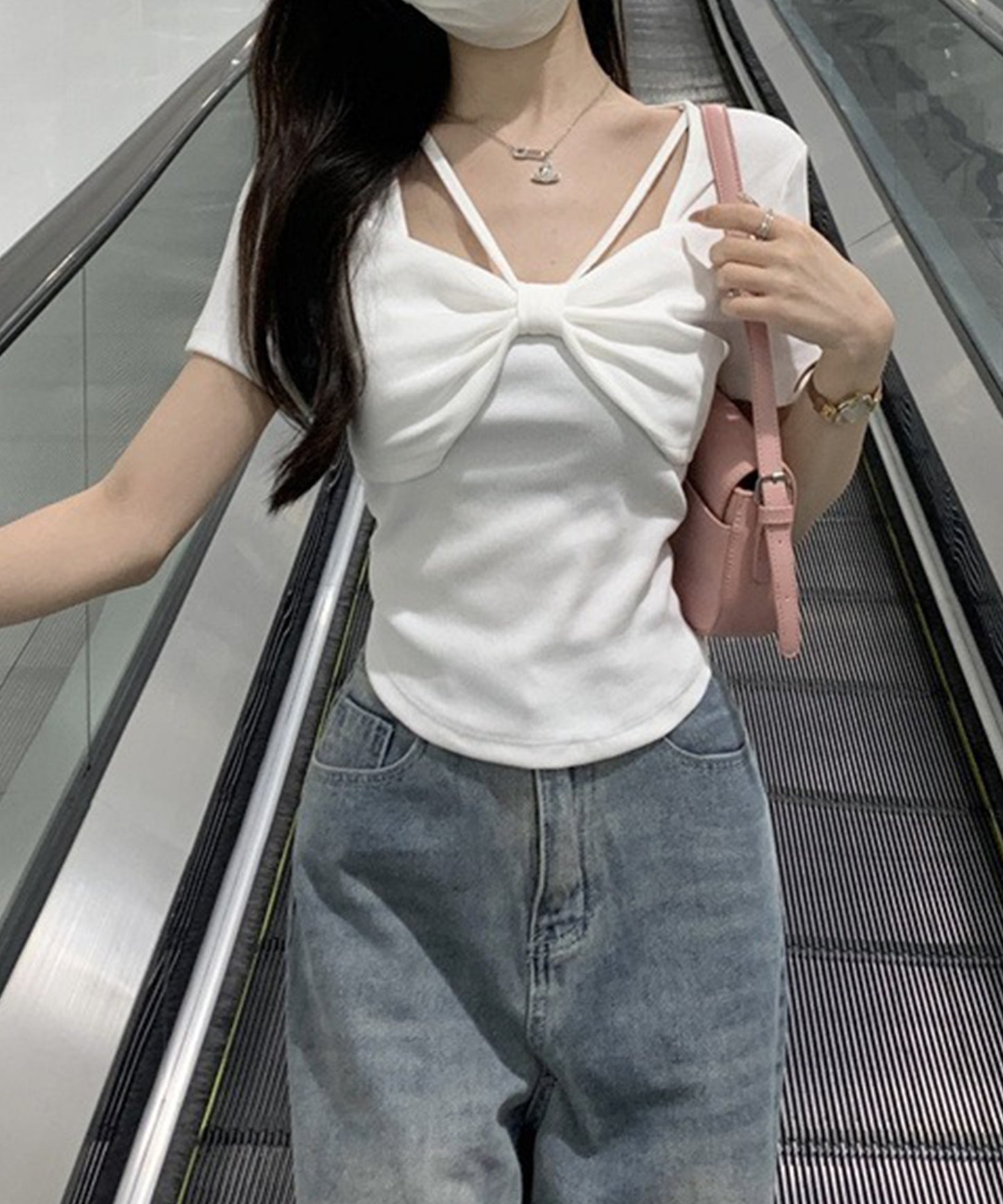 リボン ホルター デザイン 半袖 Tシャツ