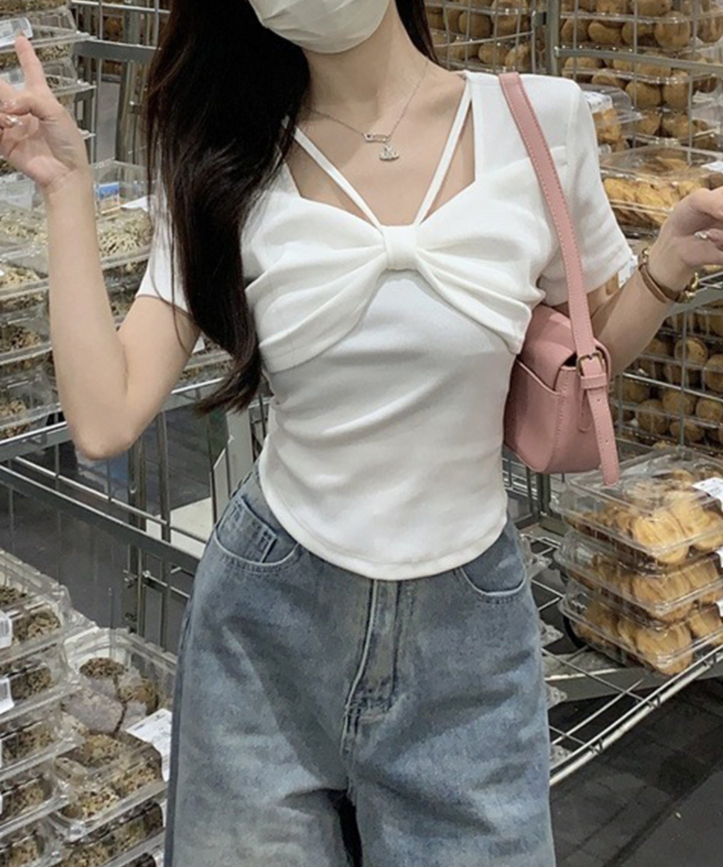 リボン ホルター デザイン 半袖 Tシャツ