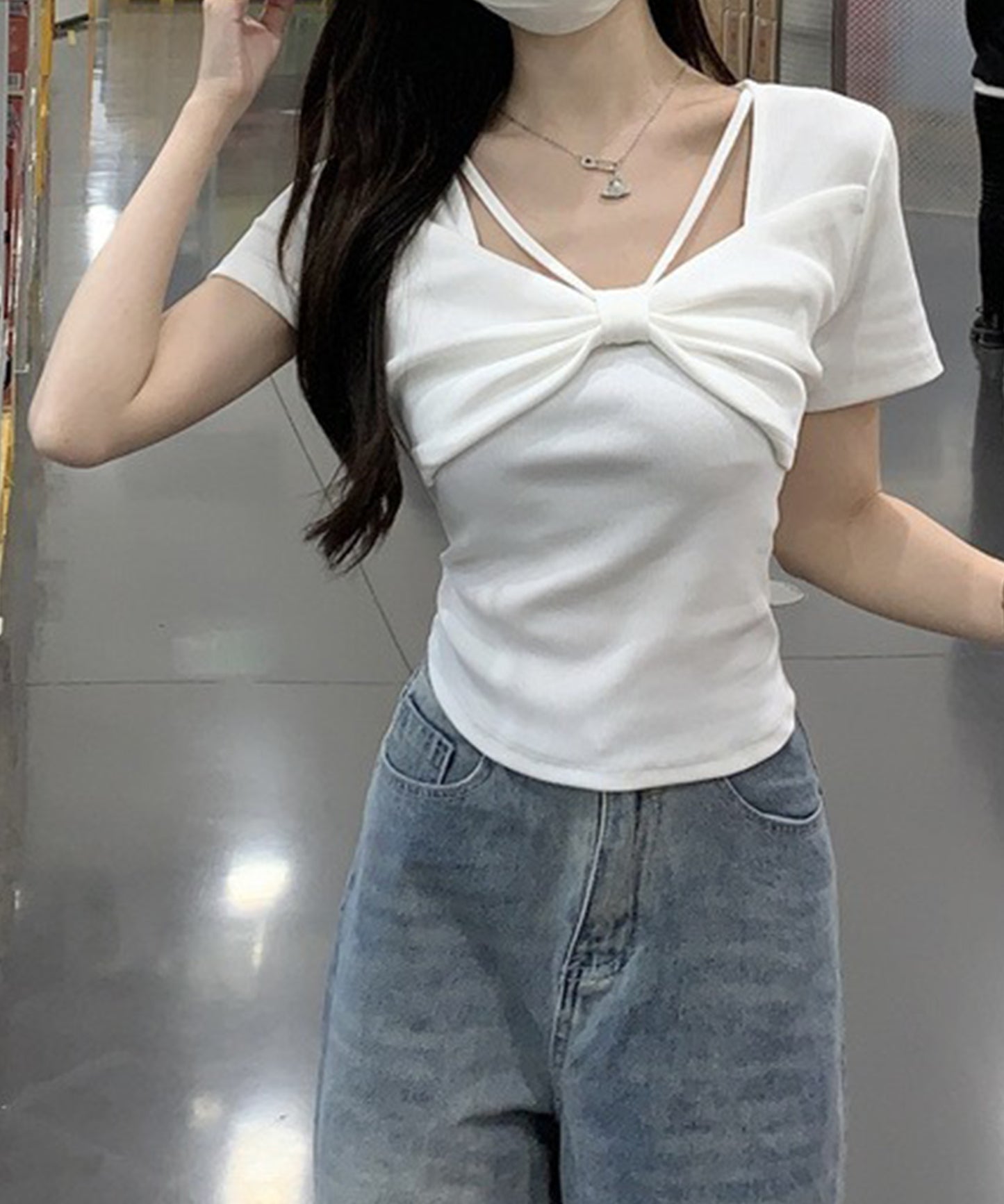 リボン ホルター デザイン 半袖 Tシャツ