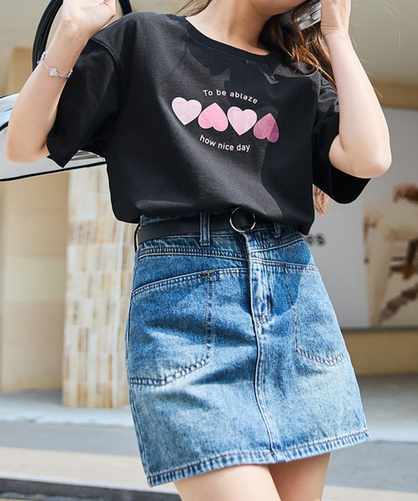 ロゴ ハート プリント クルーネック Tシャツ