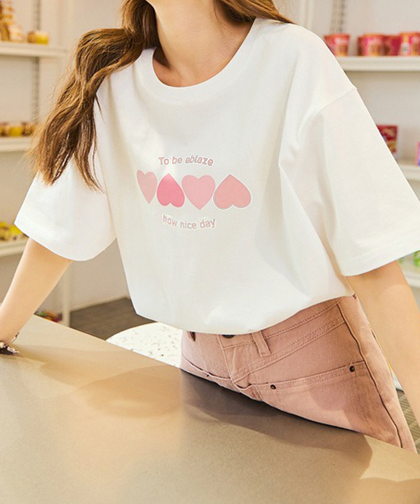 ロゴ ハート プリント クルーネック Tシャツ