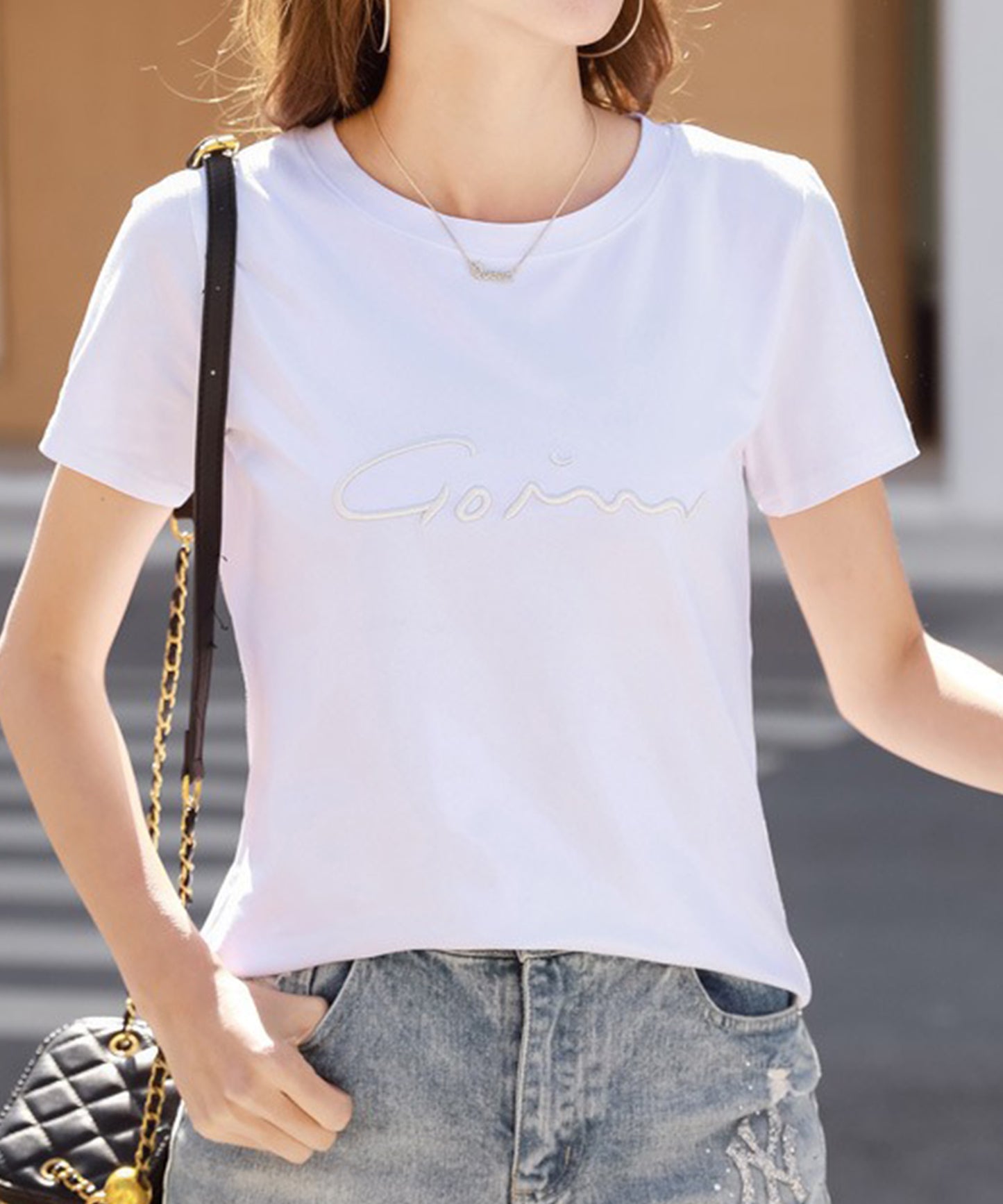 ロゴ 刺繍 クルーネック 半袖 Tシャツ
