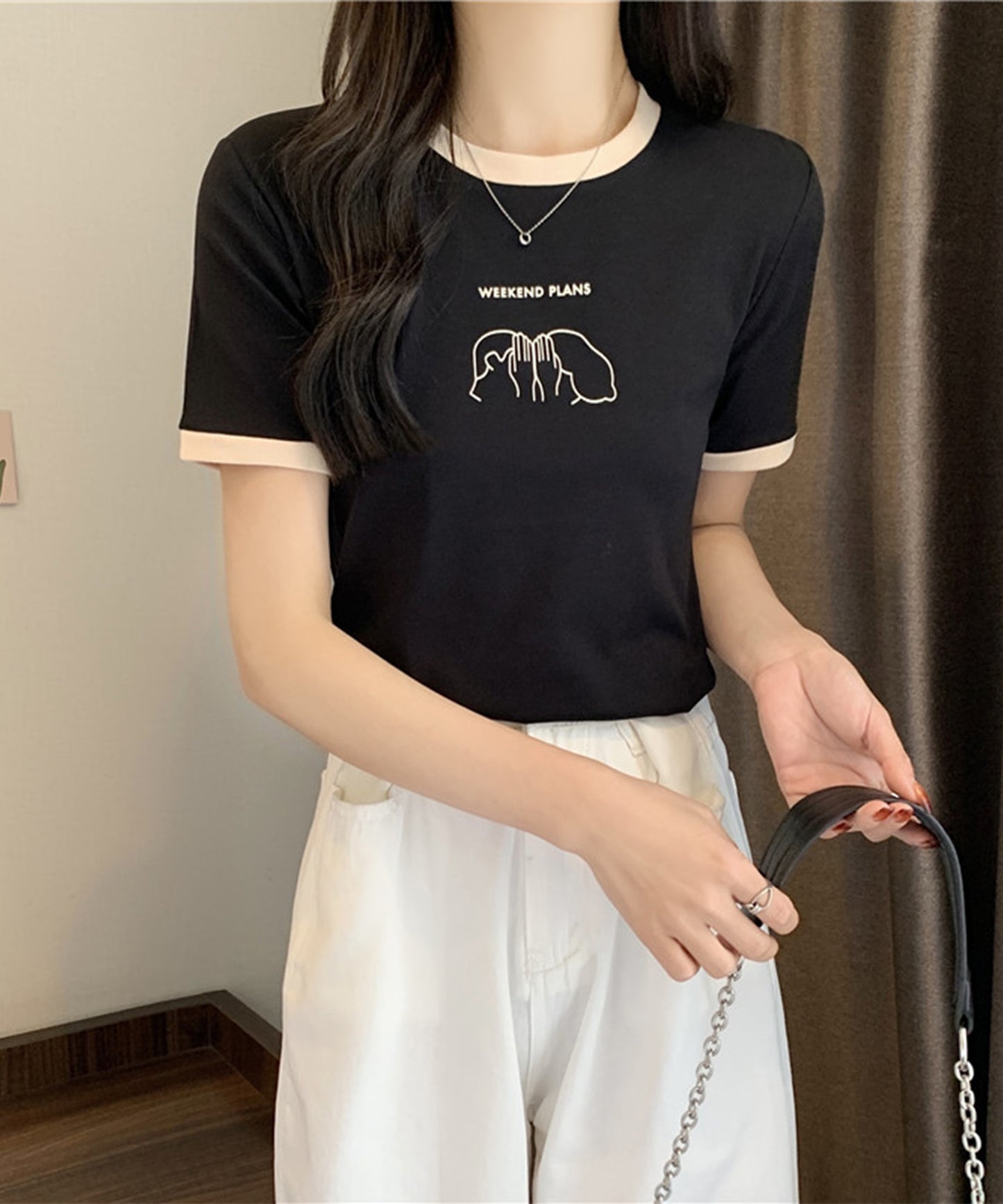 配色 プリント クルーネック 半袖 Tシャツ