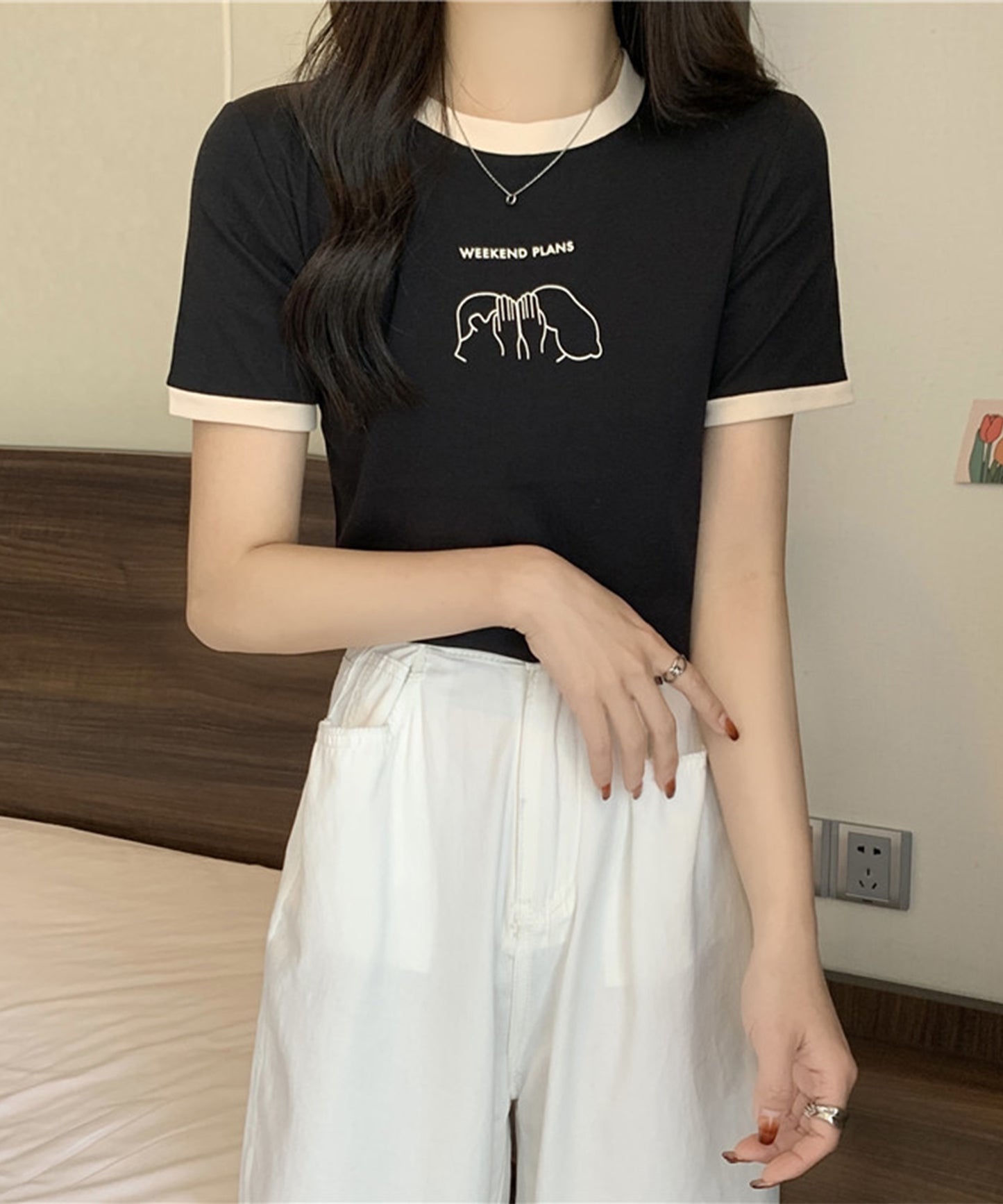 配色 プリント クルーネック 半袖 Tシャツ