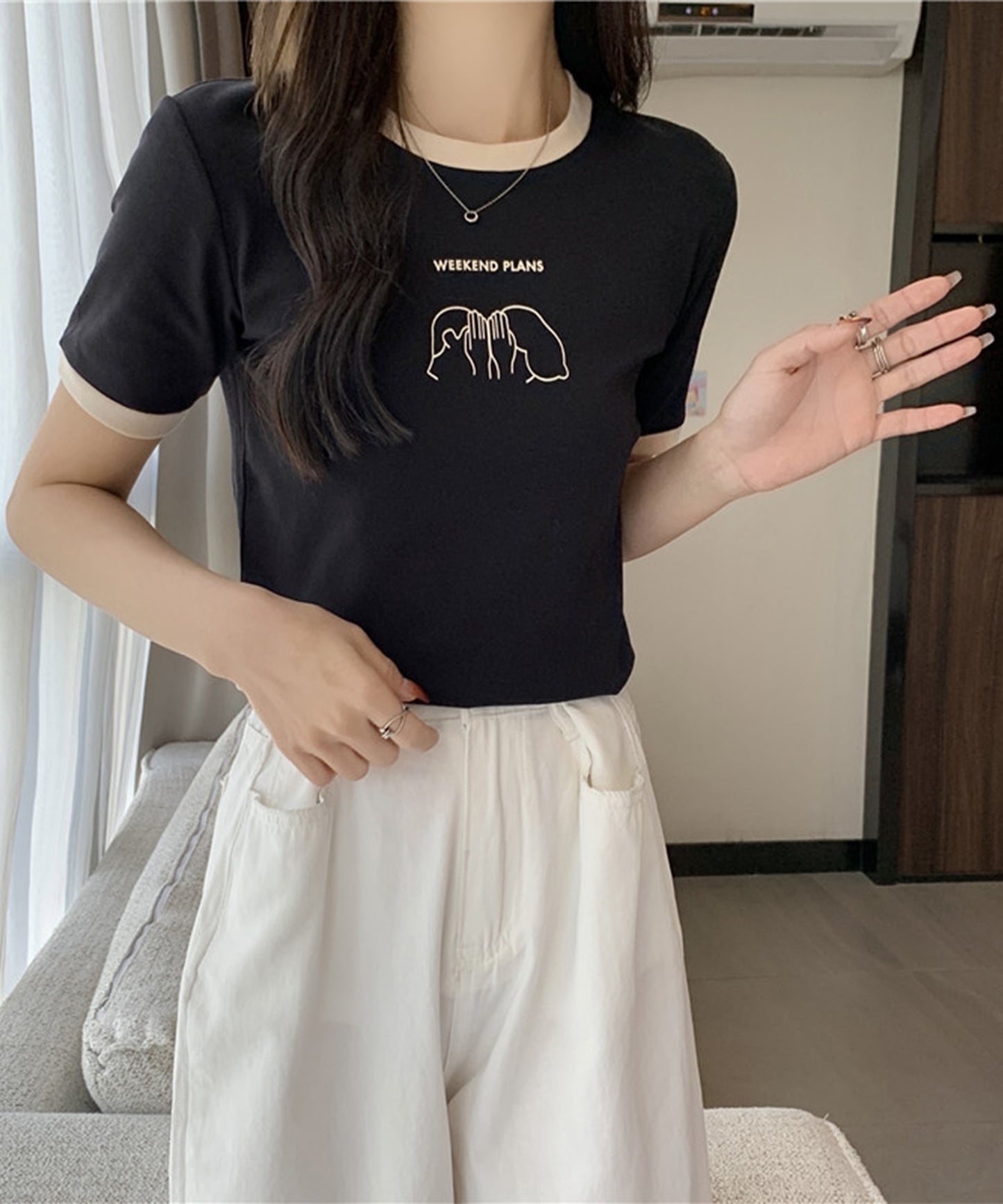 配色 プリント クルーネック 半袖 Tシャツ