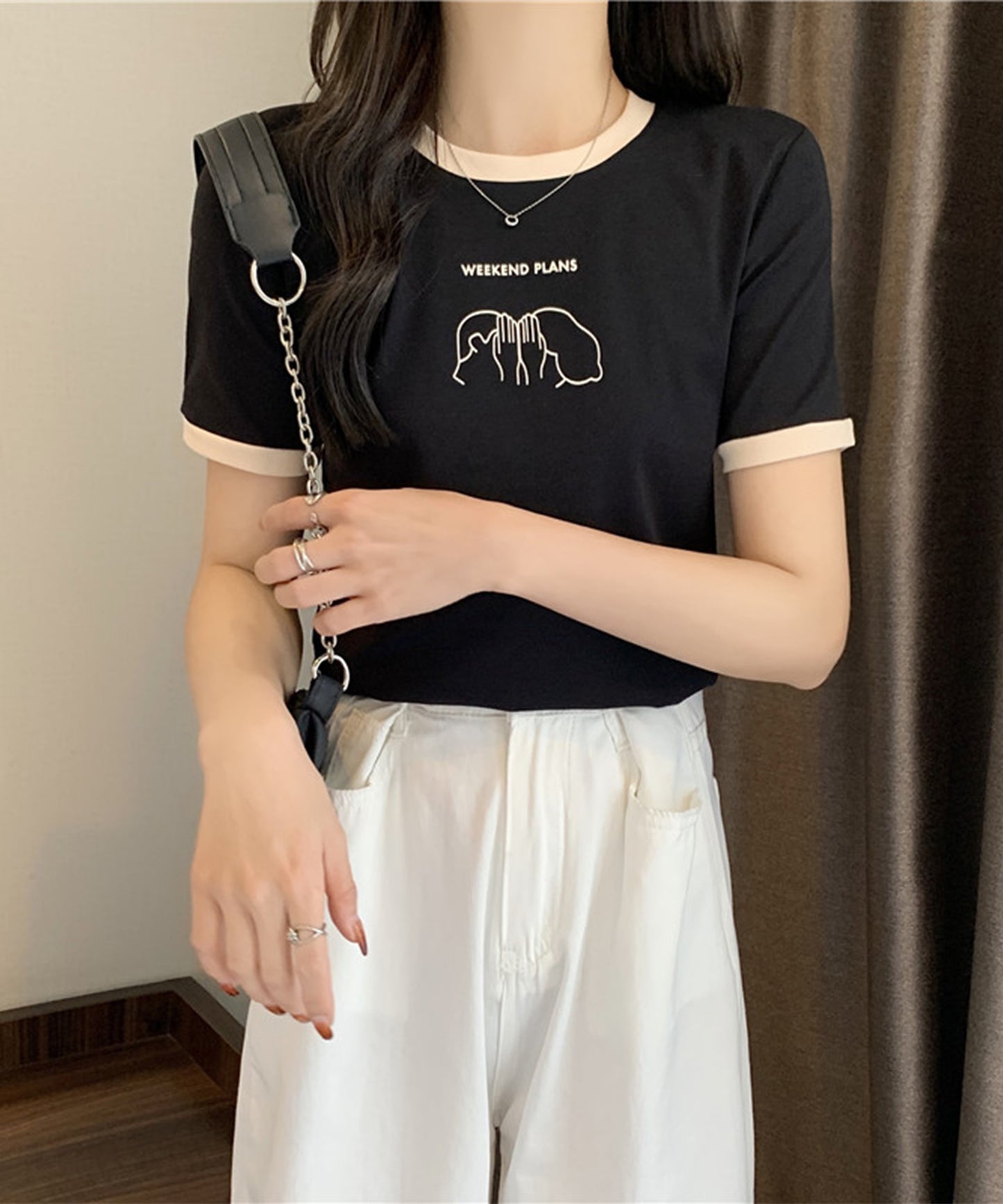 配色 プリント クルーネック 半袖 Tシャツ