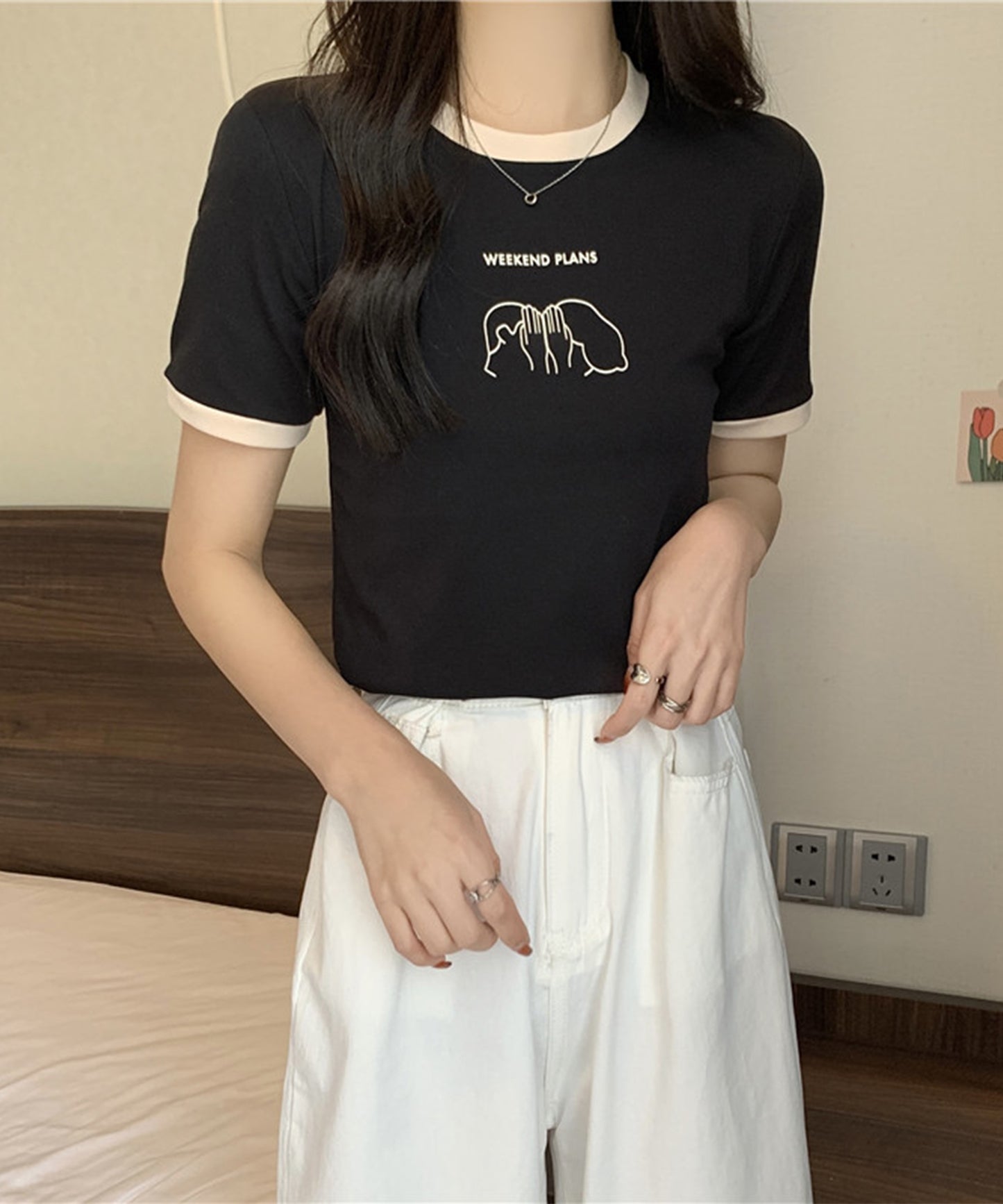 配色 プリント クルーネック 半袖 Tシャツ