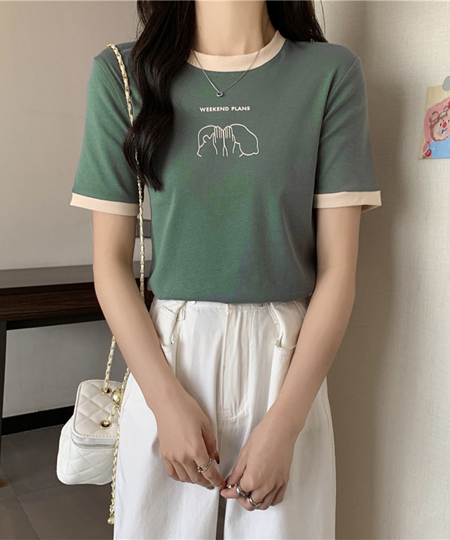 配色 プリント クルーネック 半袖 Tシャツ
