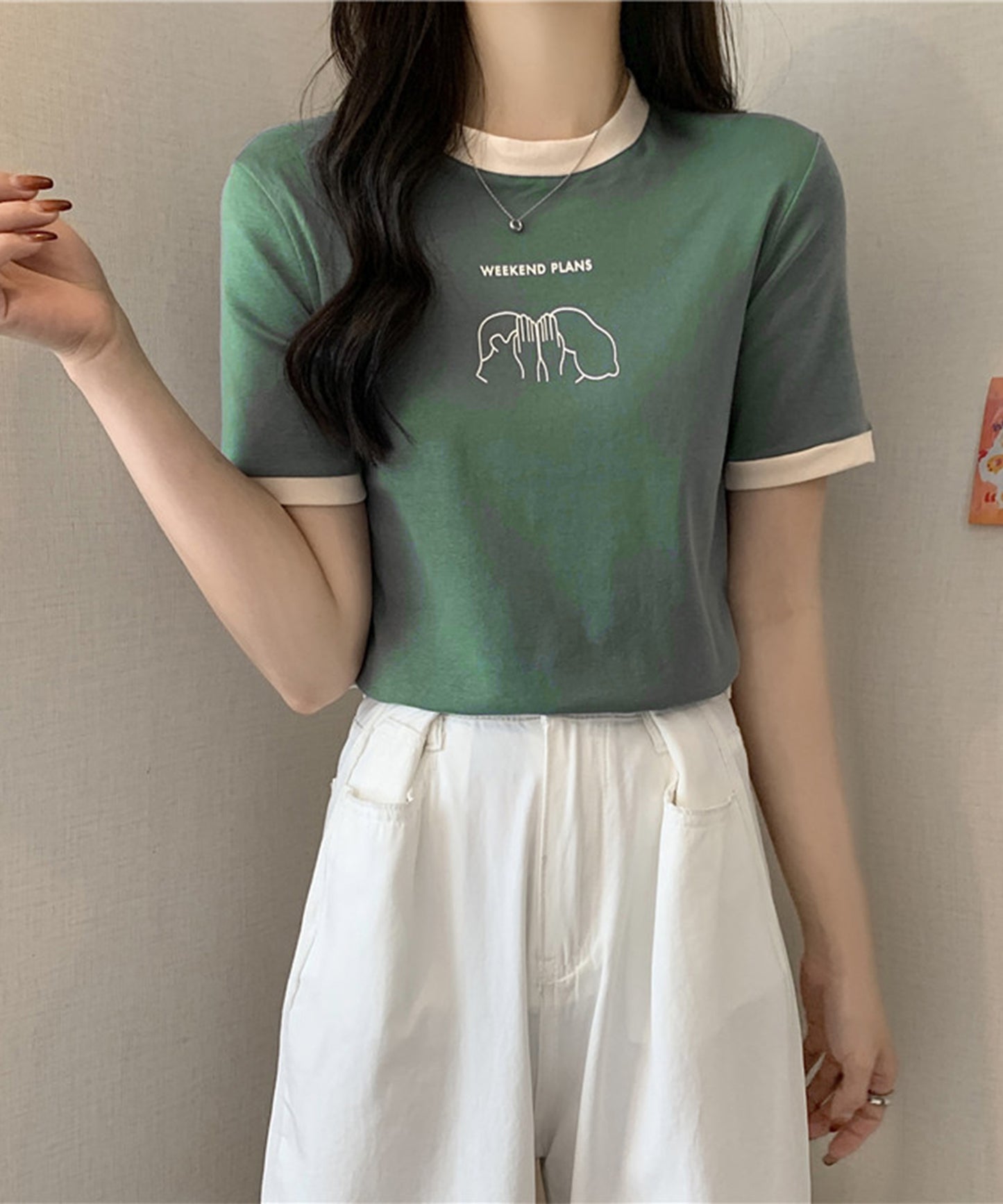 配色 プリント クルーネック 半袖 Tシャツ