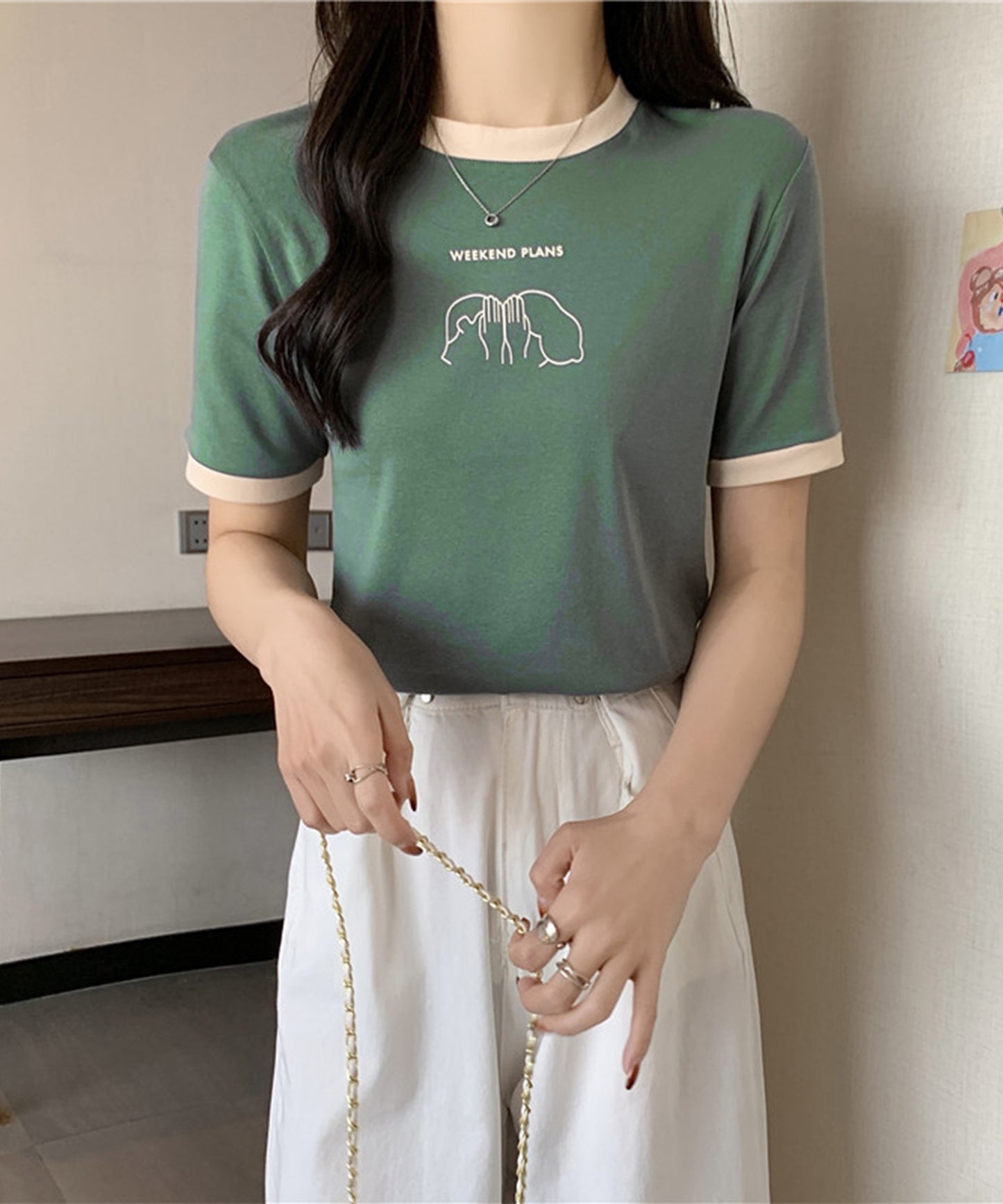 配色 プリント クルーネック 半袖 Tシャツ