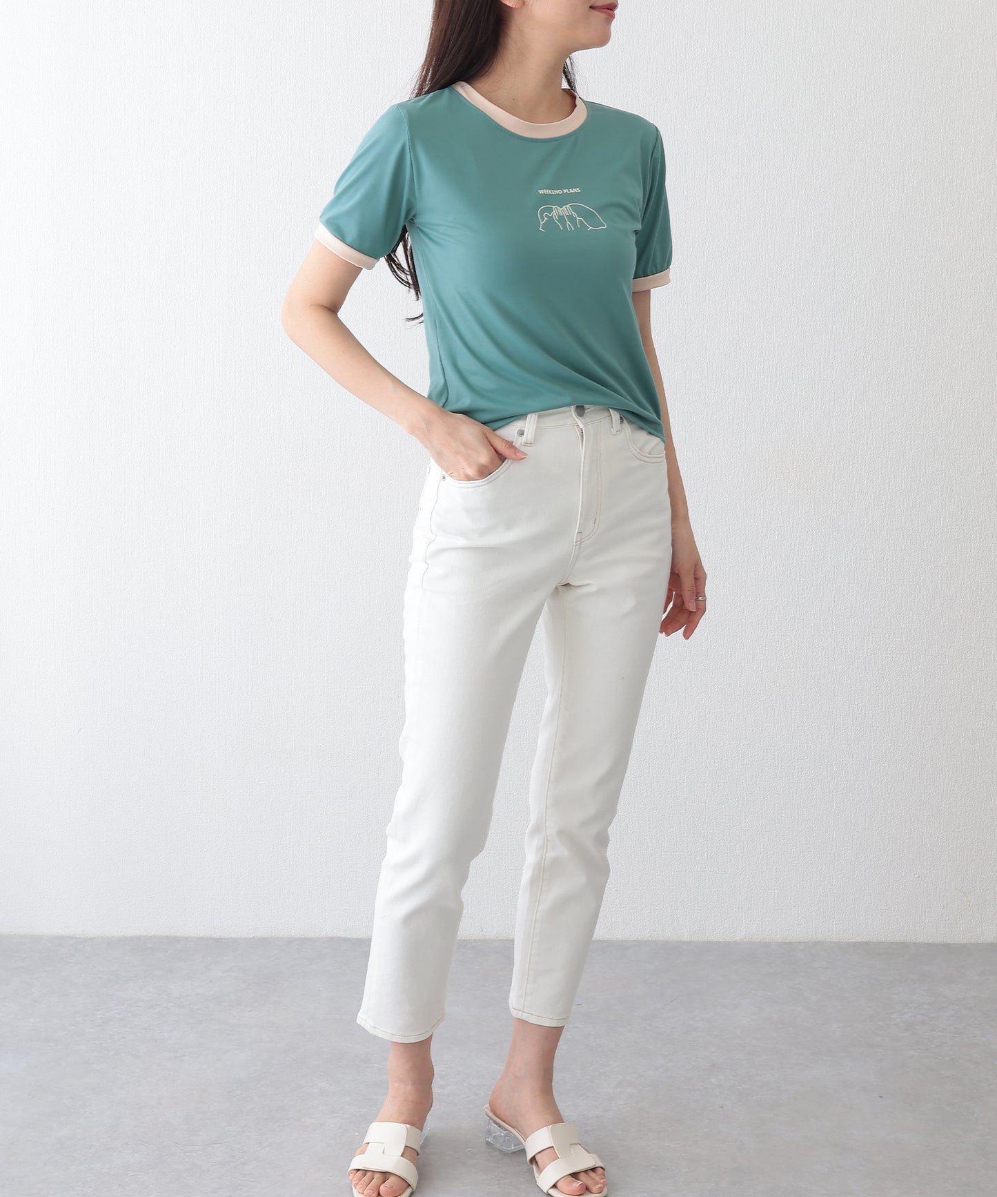 配色 プリント クルーネック 半袖 Tシャツ