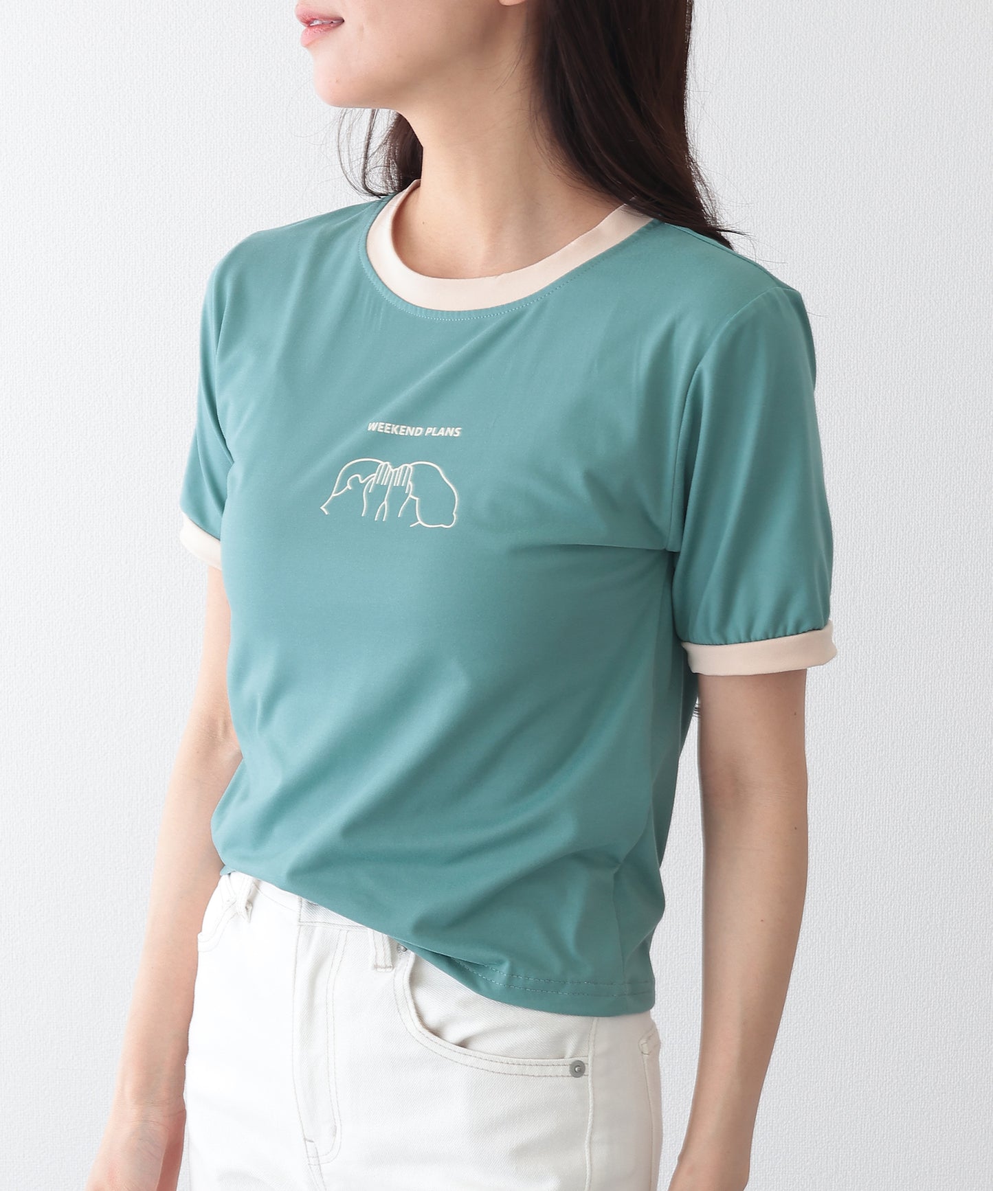 配色 プリント クルーネック 半袖 Tシャツ