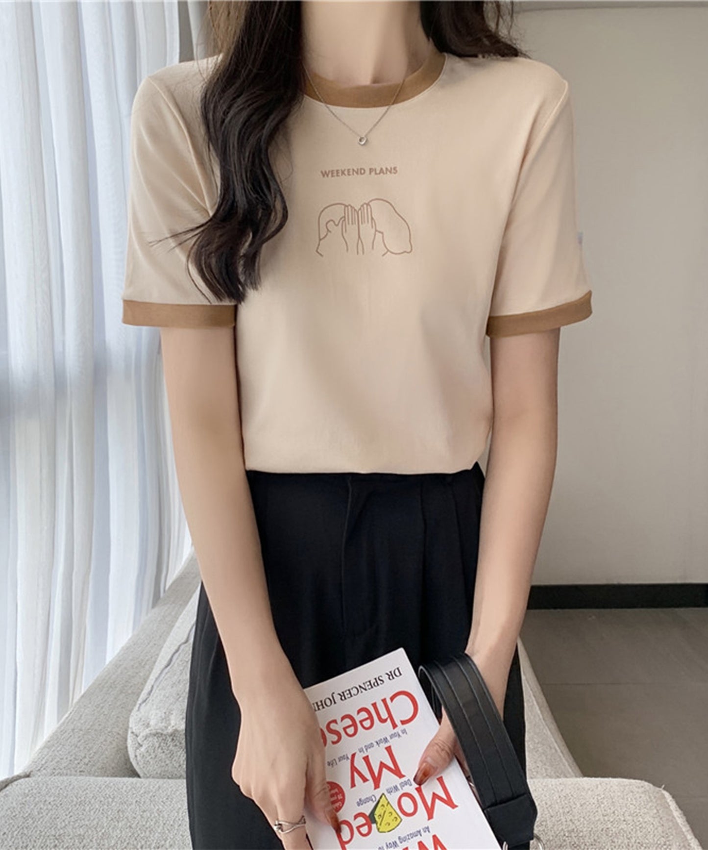 配色 プリント クルーネック 半袖 Tシャツ