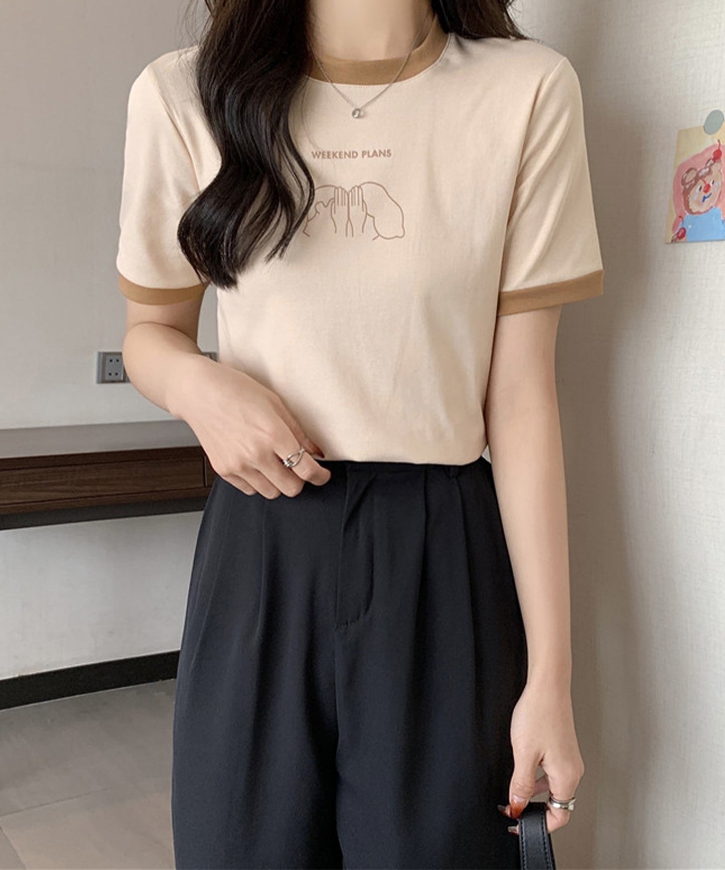 配色 プリント クルーネック 半袖 Tシャツ