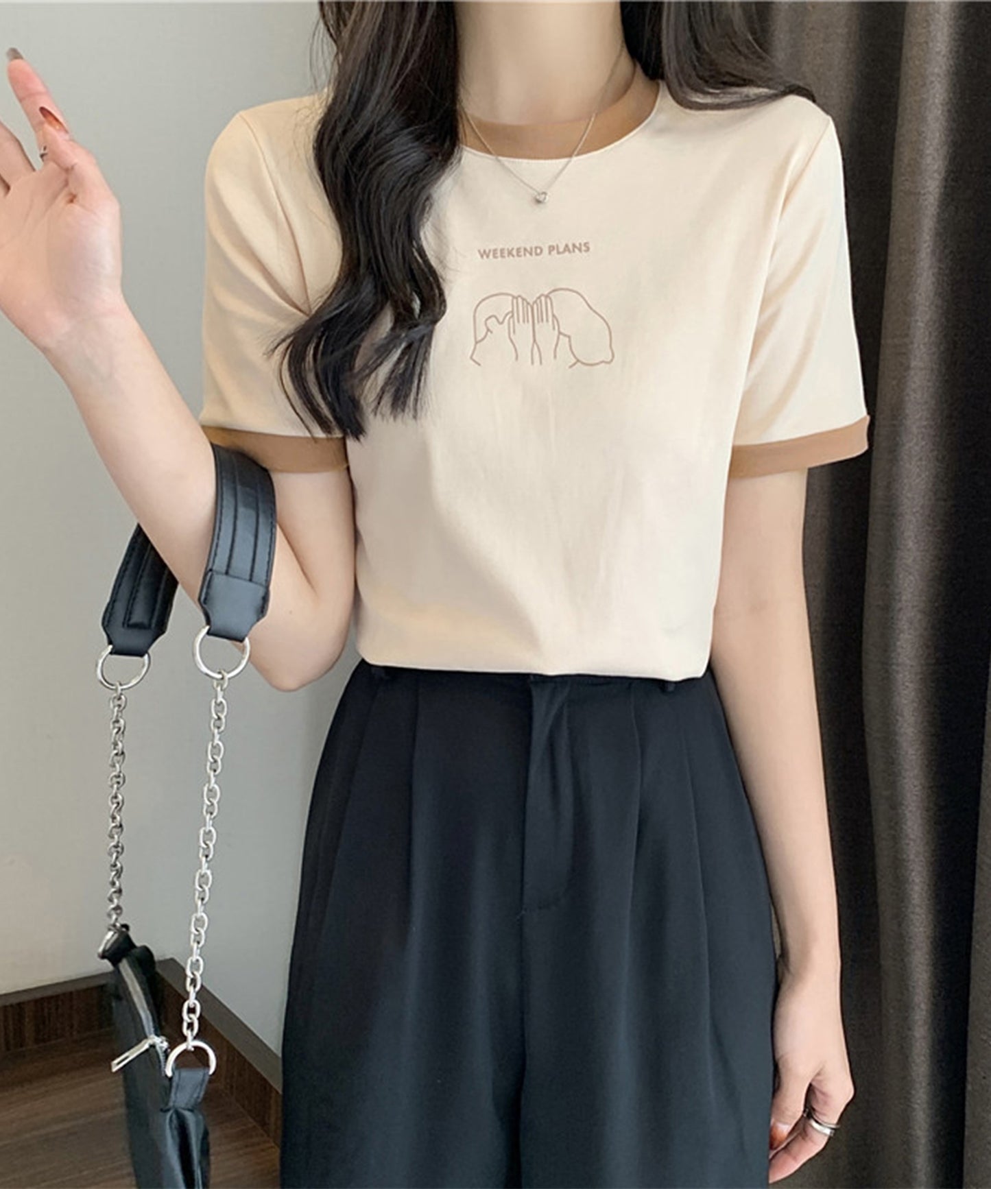 配色 プリント クルーネック 半袖 Tシャツ