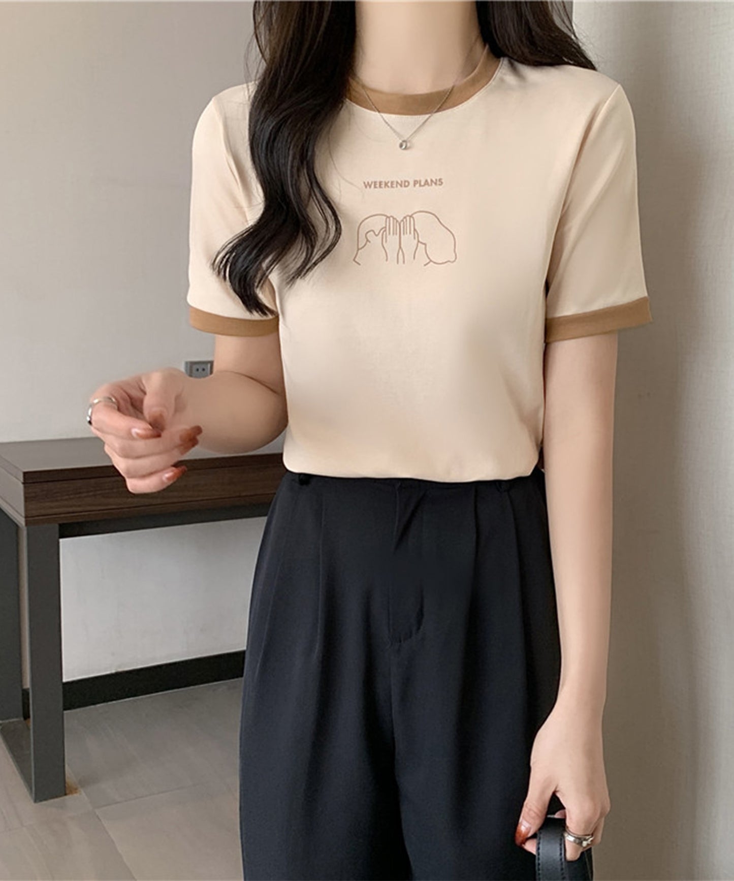 配色 プリント クルーネック 半袖 Tシャツ
