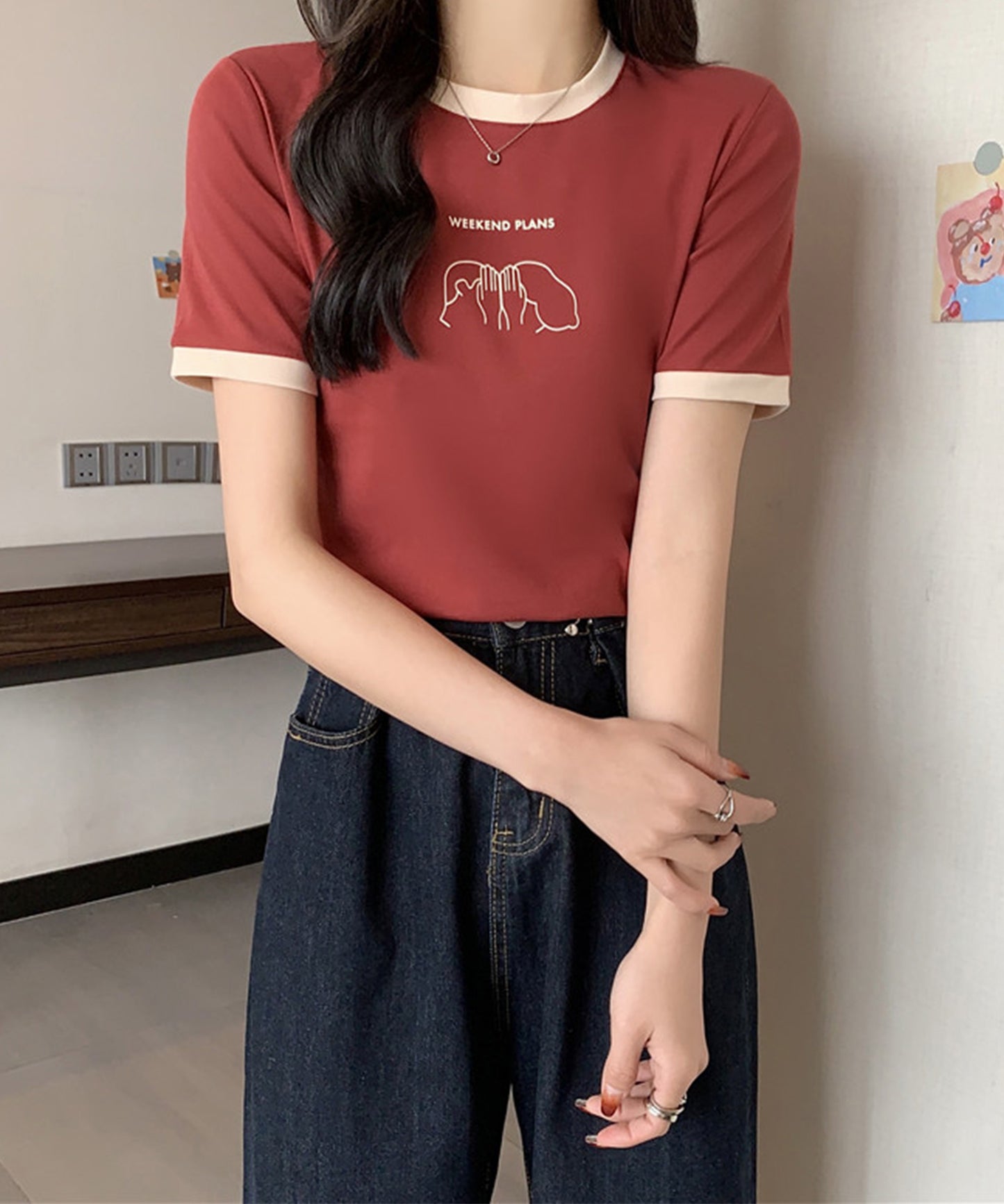 配色 プリント クルーネック 半袖 Tシャツ