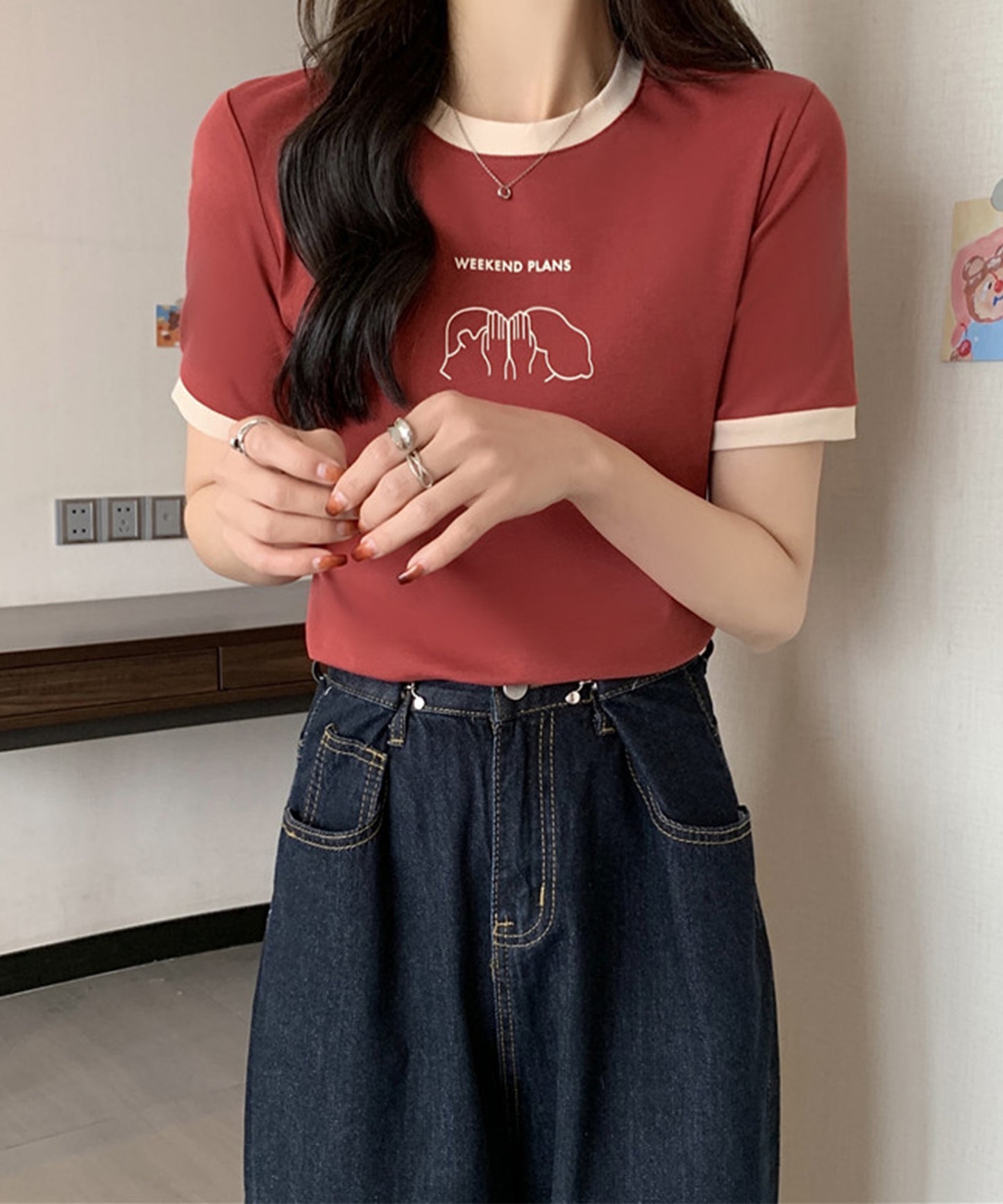 配色 プリント クルーネック 半袖 Tシャツ