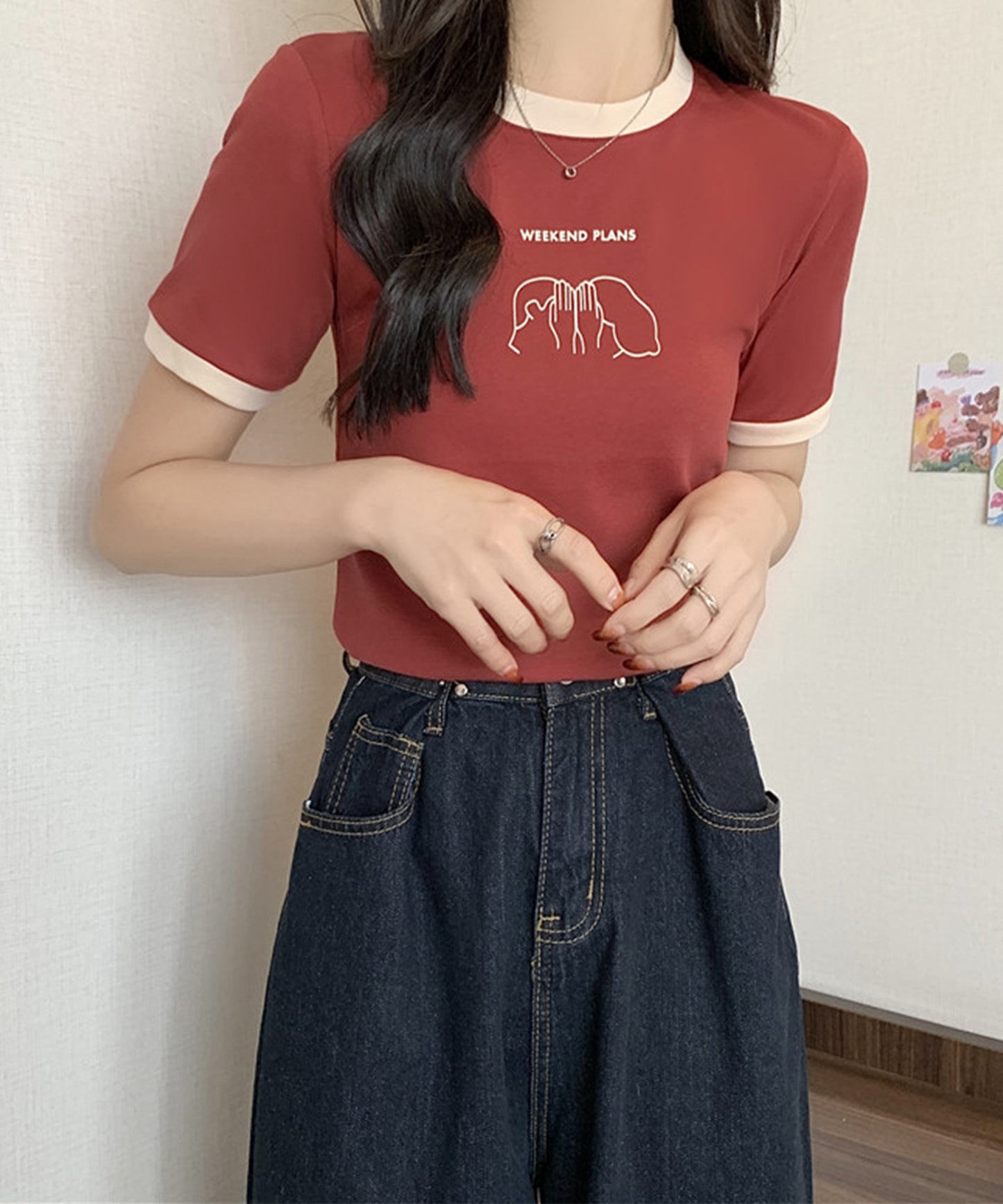 配色 プリント クルーネック 半袖 Tシャツ