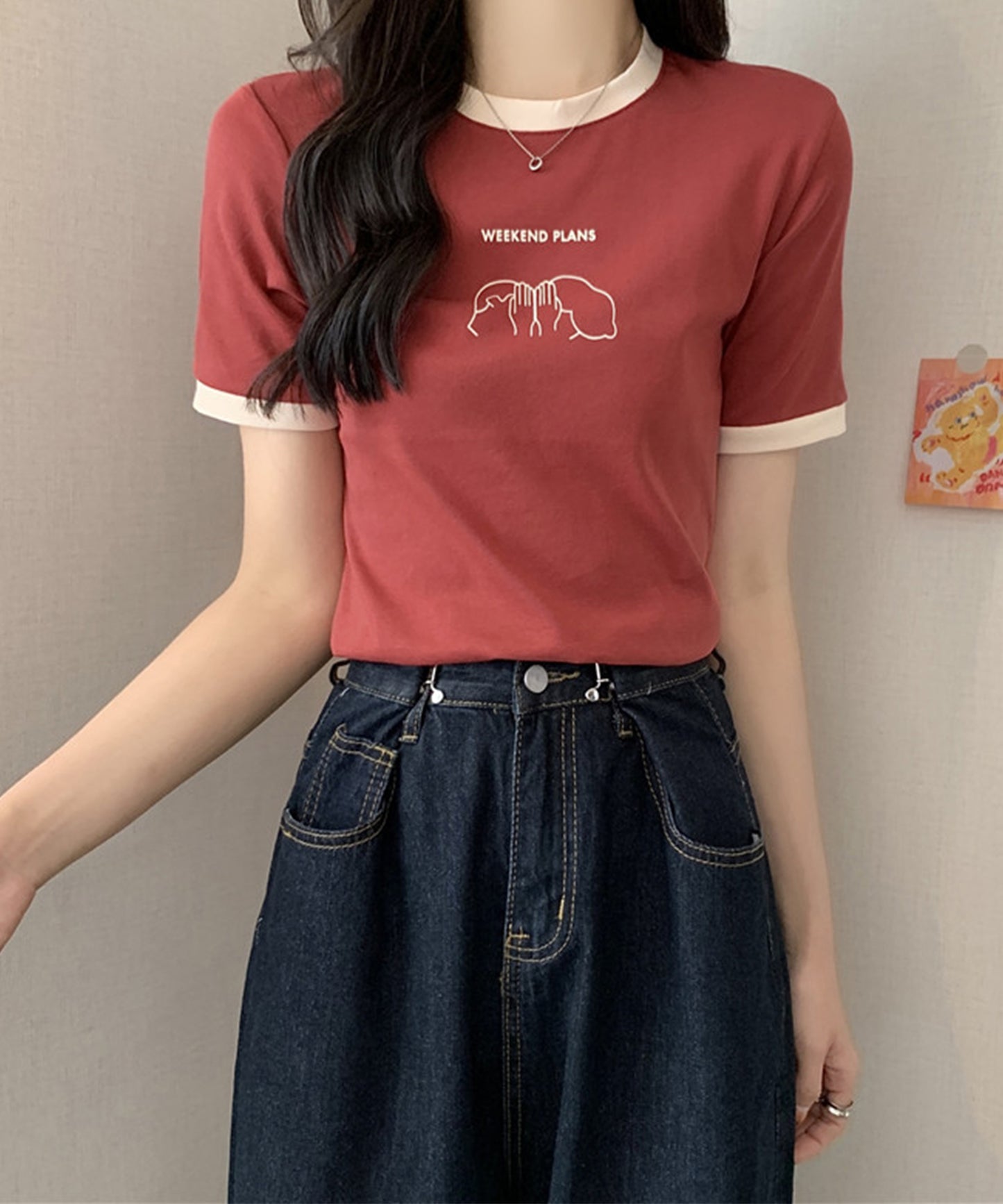 配色 プリント クルーネック 半袖 Tシャツ