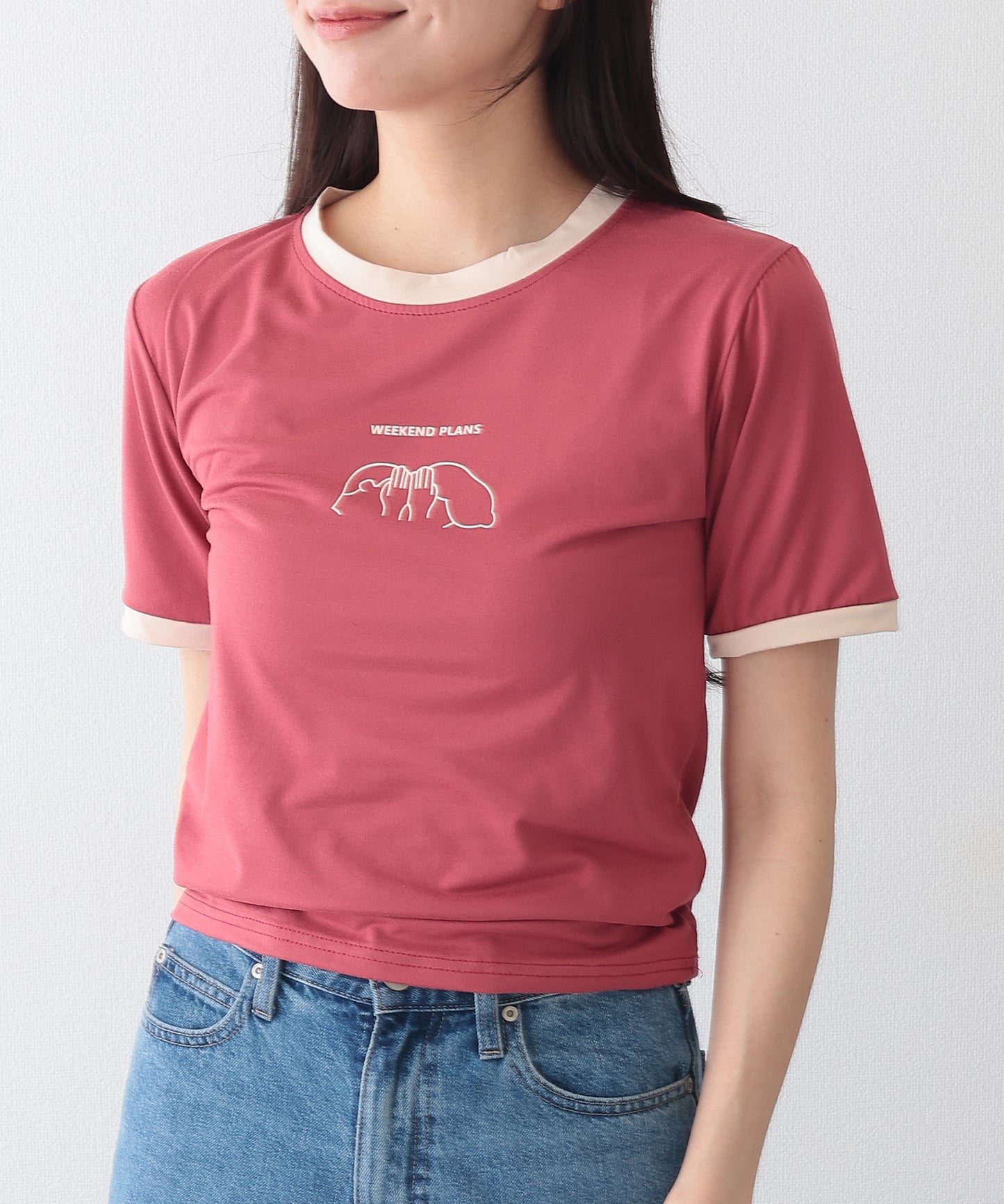 配色 プリント クルーネック 半袖 Tシャツ
