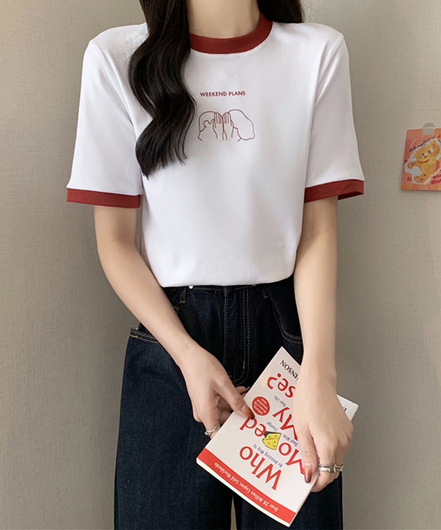 配色 プリント クルーネック 半袖 Tシャツ