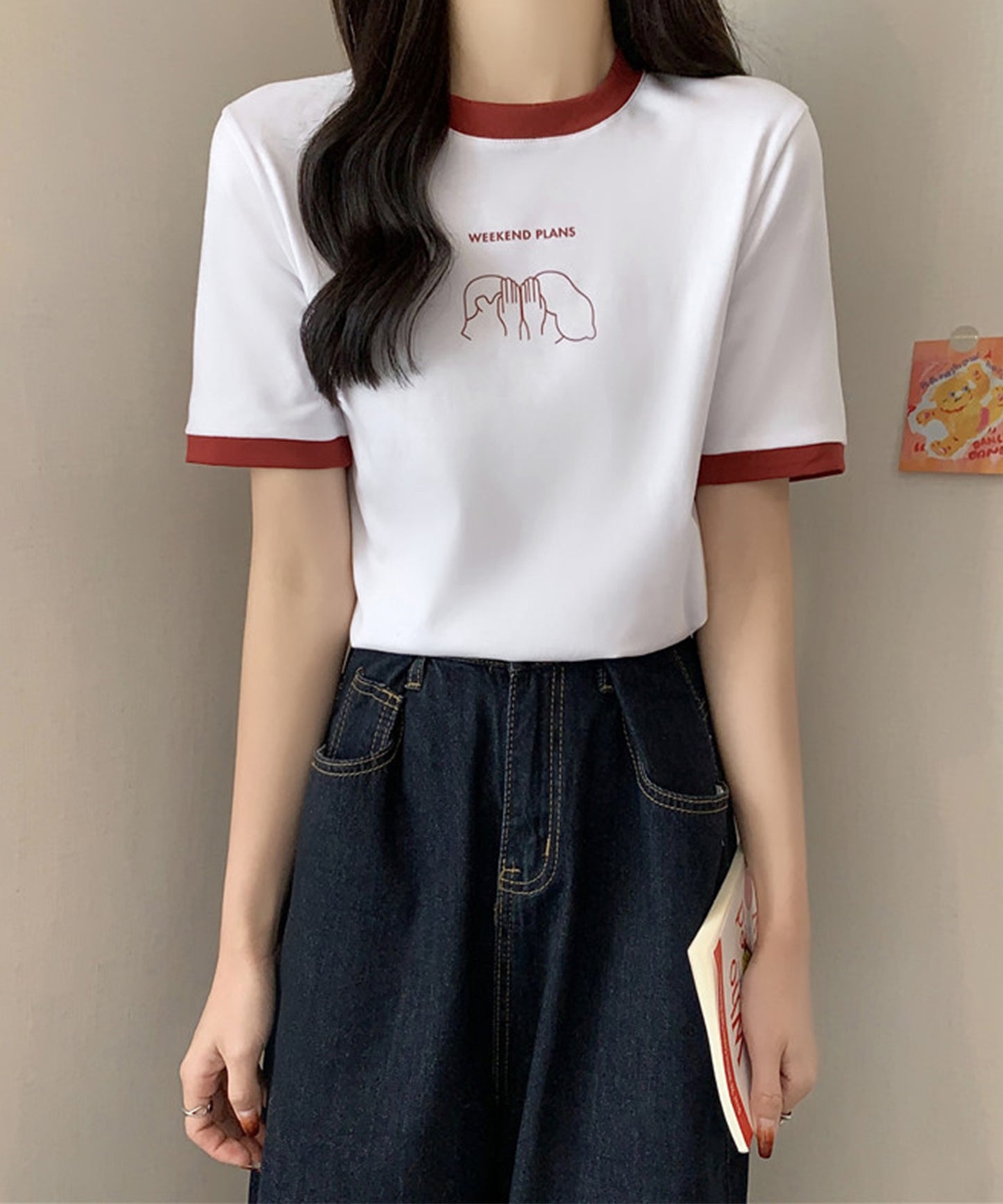 配色 プリント クルーネック 半袖 Tシャツ