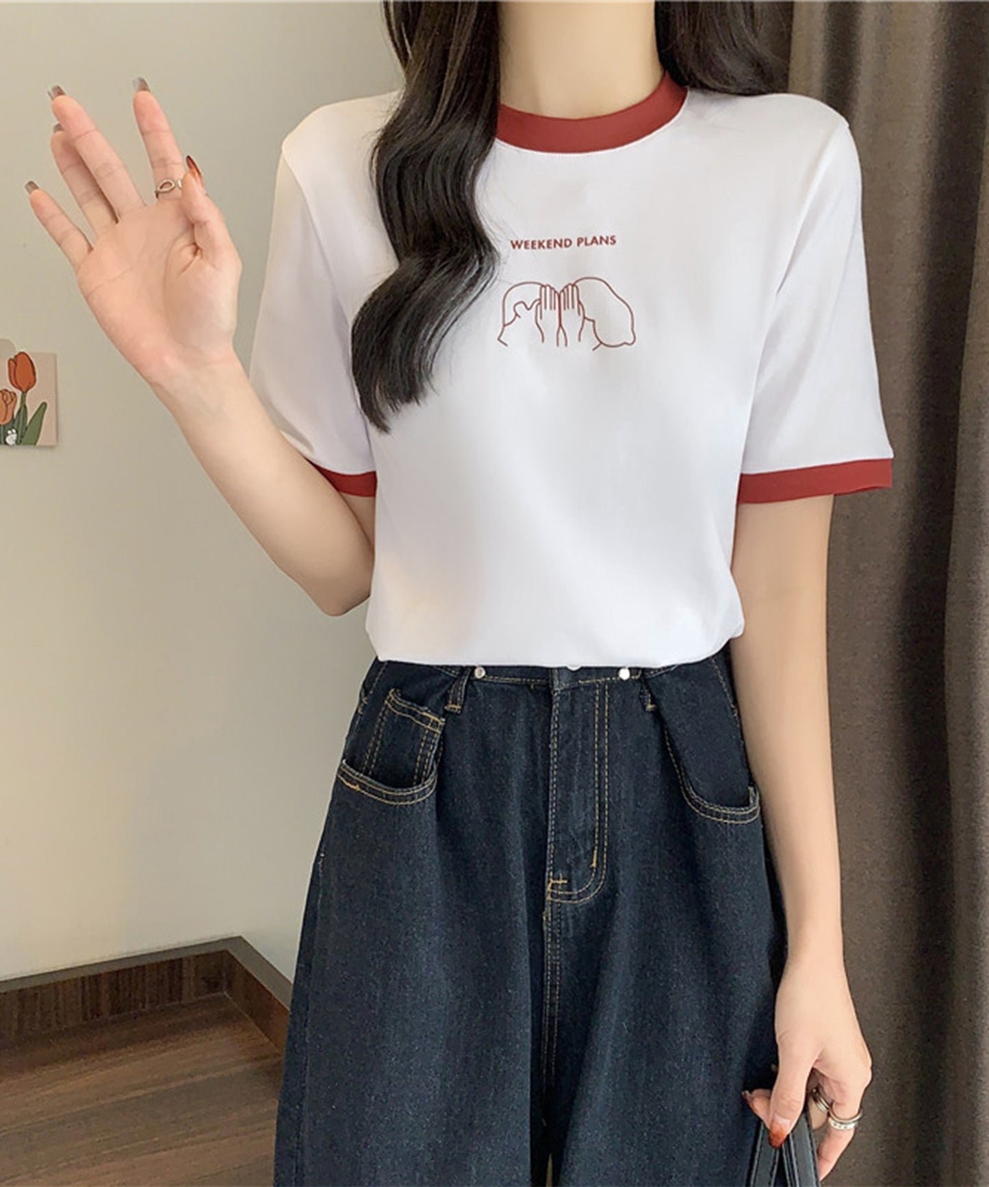 配色 プリント クルーネック 半袖 Tシャツ