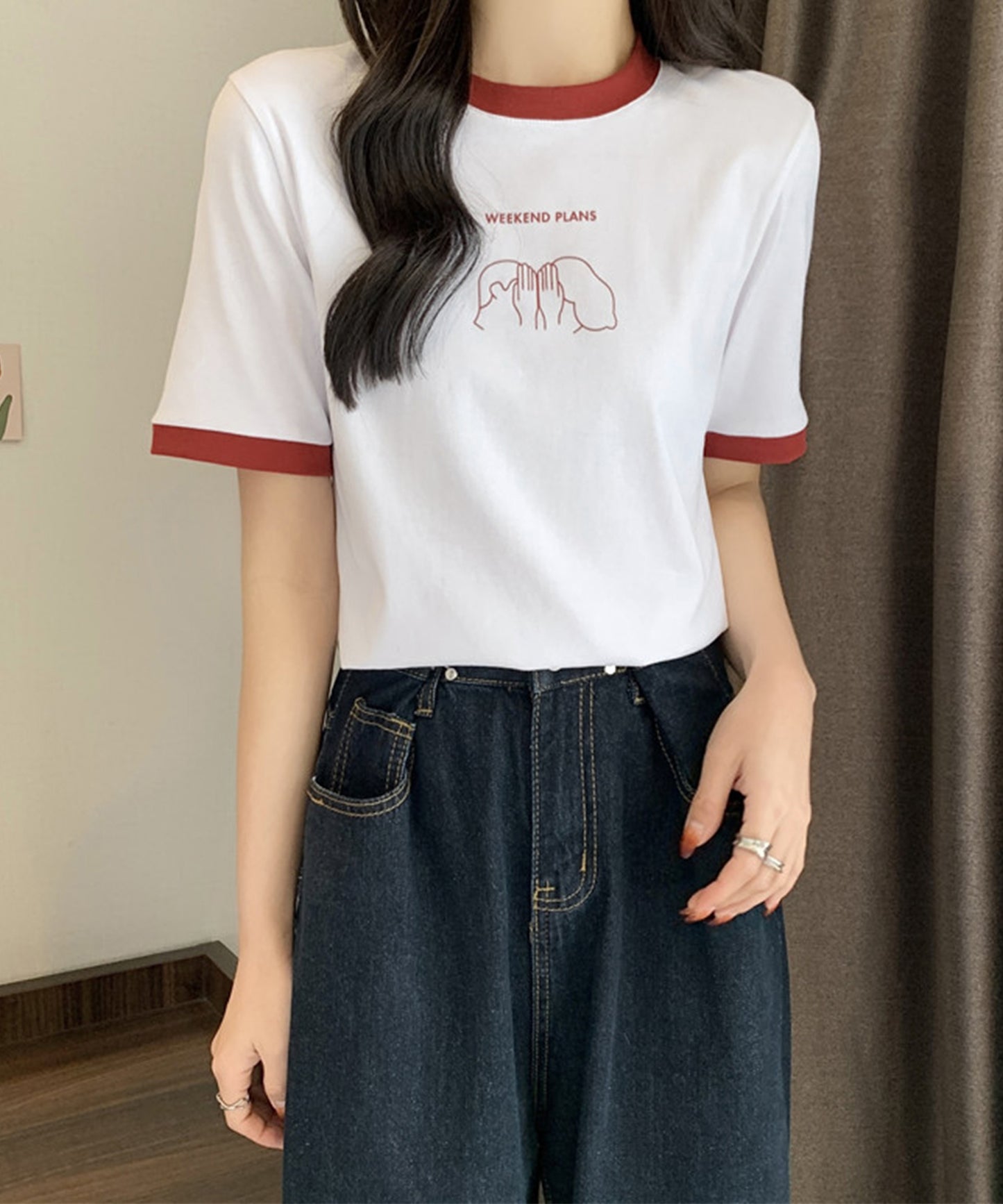 配色 プリント クルーネック 半袖 Tシャツ