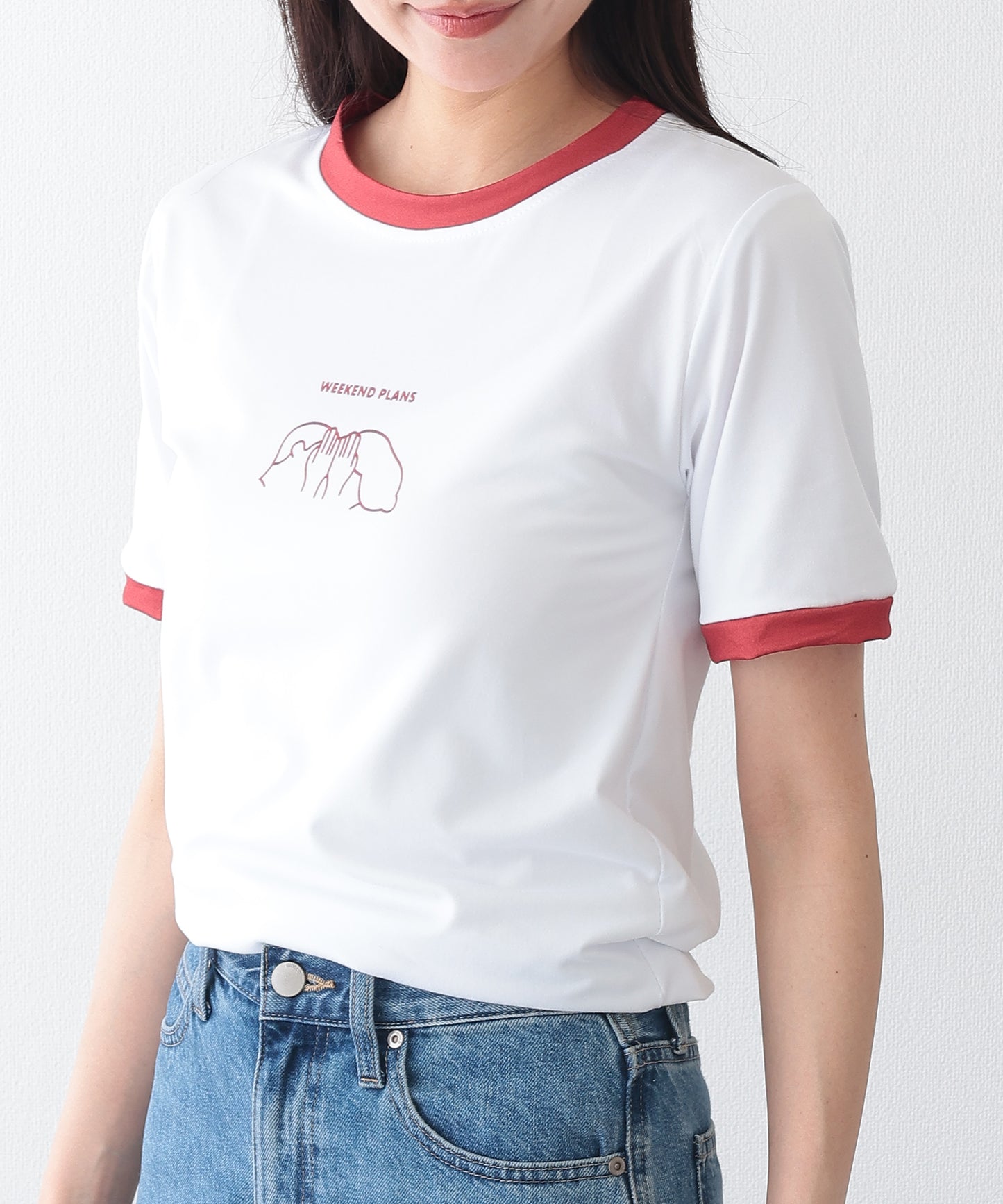 配色 プリント クルーネック 半袖 Tシャツ