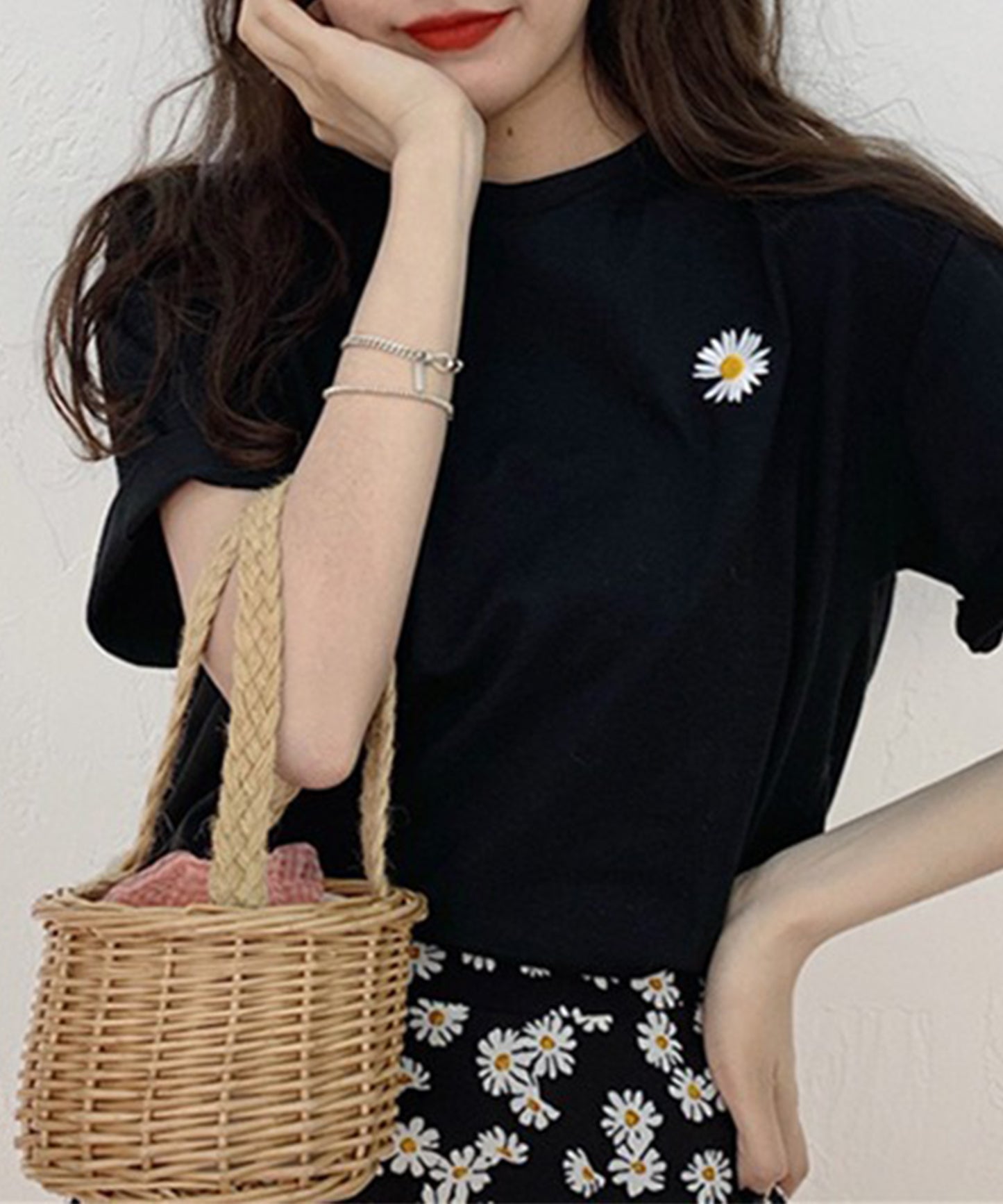 フラワー 刺繍 クルーネック 半袖 Tシャツ