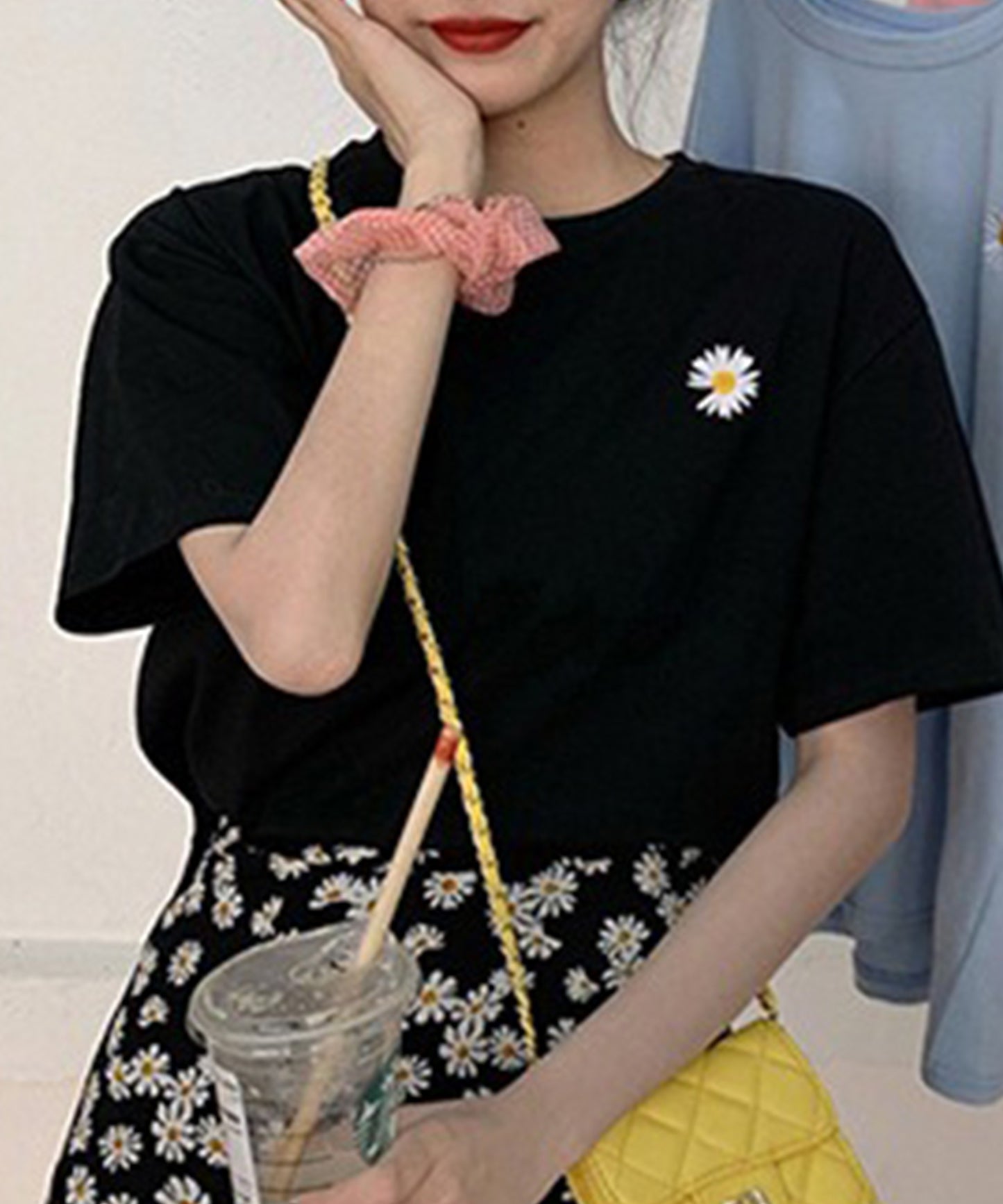フラワー 刺繍 クルーネック 半袖 Tシャツ
