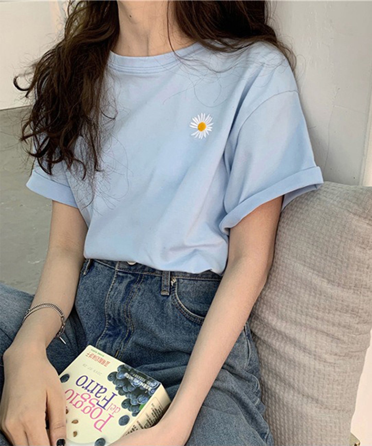 フラワー 刺繍 クルーネック 半袖 Tシャツ